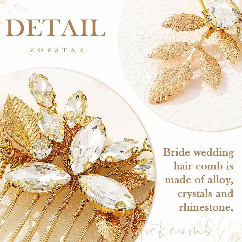 Horquillas para el pelo de novia con diamantes de imitación dorados, accesorios para el cabello de boda para mujeres y niñas (paquete de 3)