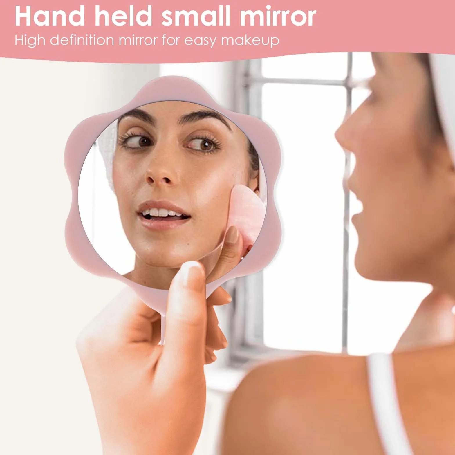 Espejo de mano flor con asa para maquillaje y peinado portátil rosa