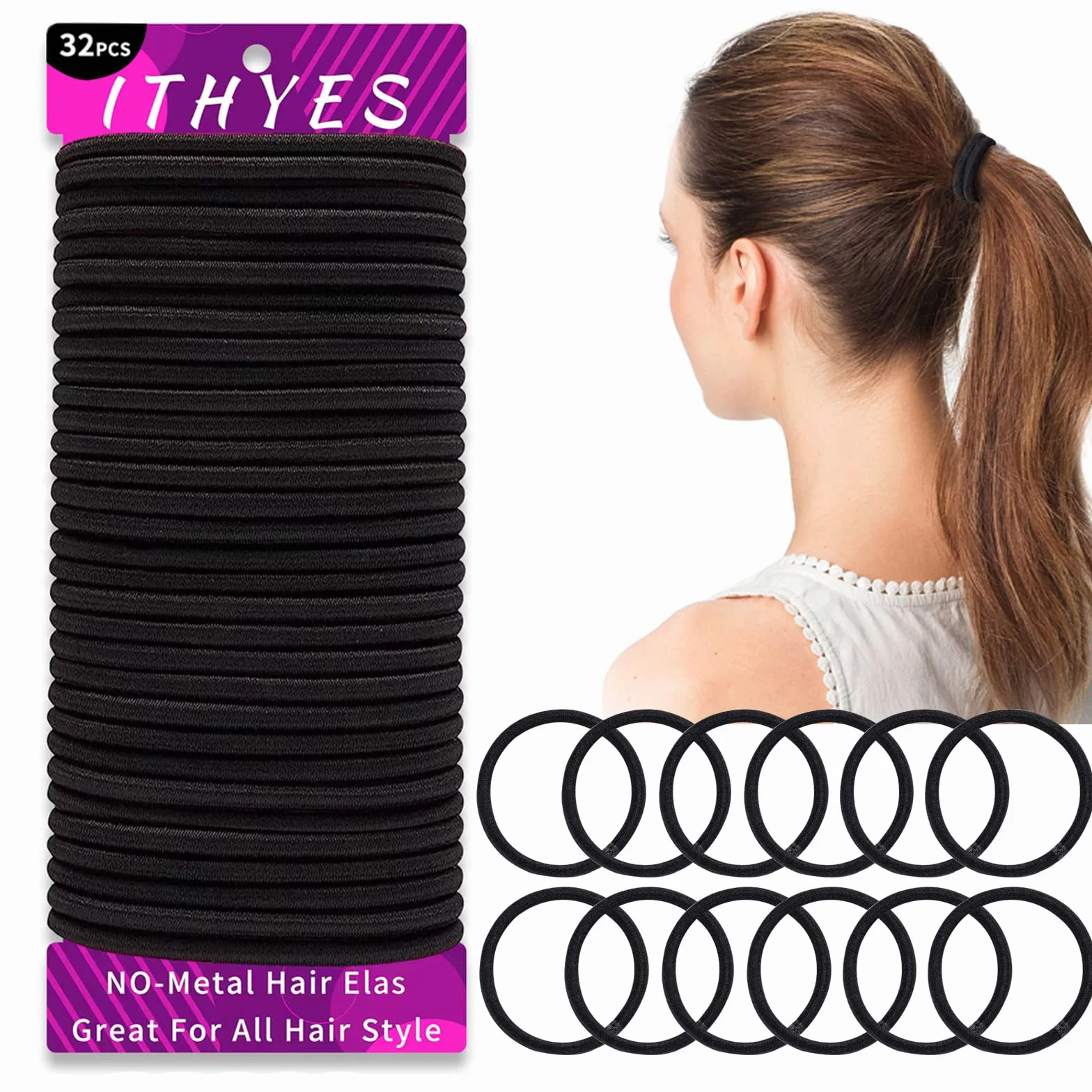 Gomas de Pelo 32 Piezas 4 mm Negra Elástica para Cabello Grueso