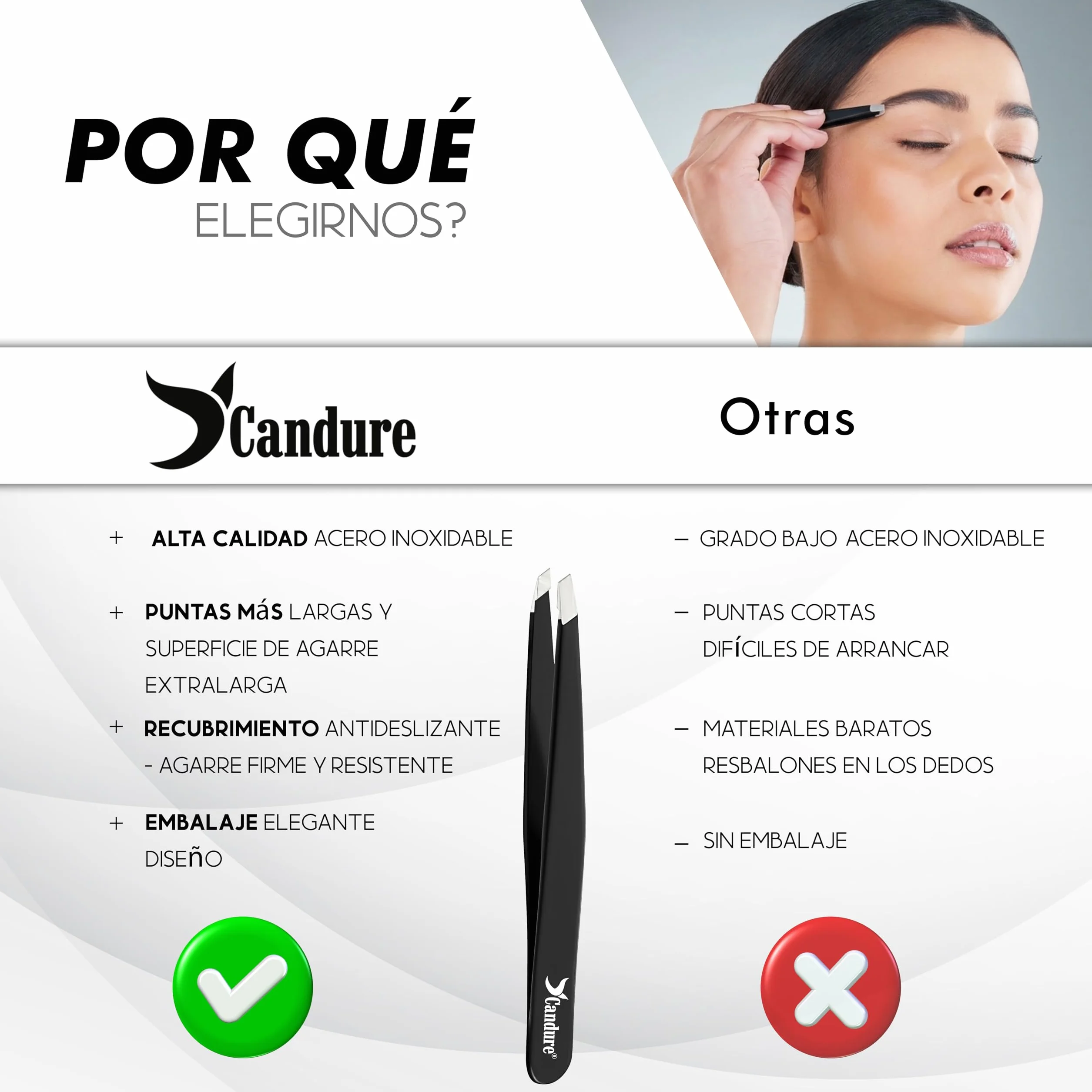 Candure Pinzas Depilar Acero Inoxidable Punta Oblicua para Cejas Vello Facial y Mentón