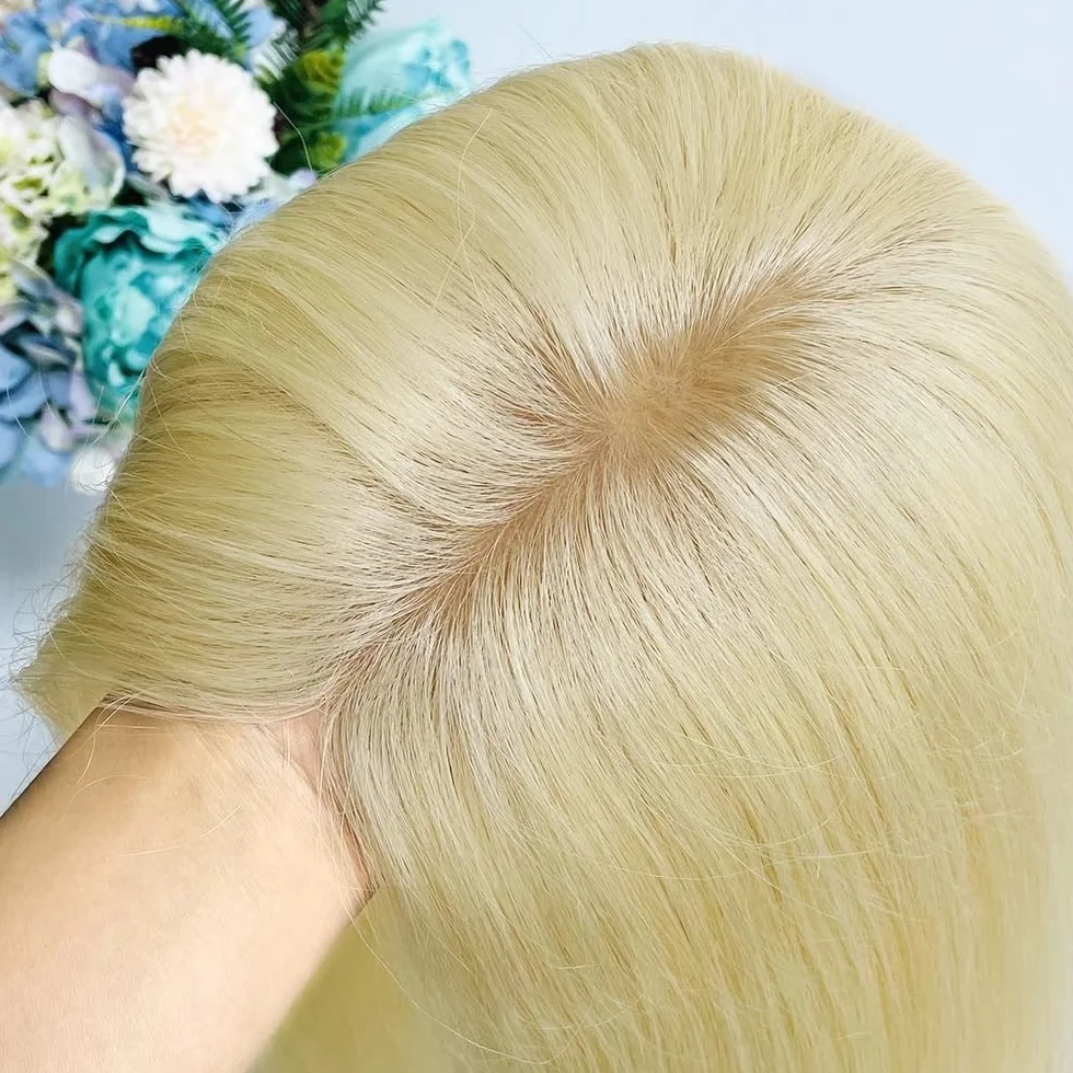 Extensiones de cabello con clip for mujer, cabello humano natural fino, sin raya ni flequillo, liso sedoso, color rubio 613#. para mujeres encantadoras(14 inch,13x15cm)
