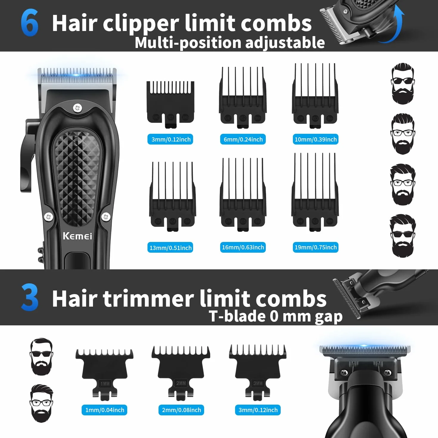 KEMEI Cortapelos profesional inalámbrico cortadora de barbero cuchilla en T set afeitadora lámina kit eléctrico 9 peines
