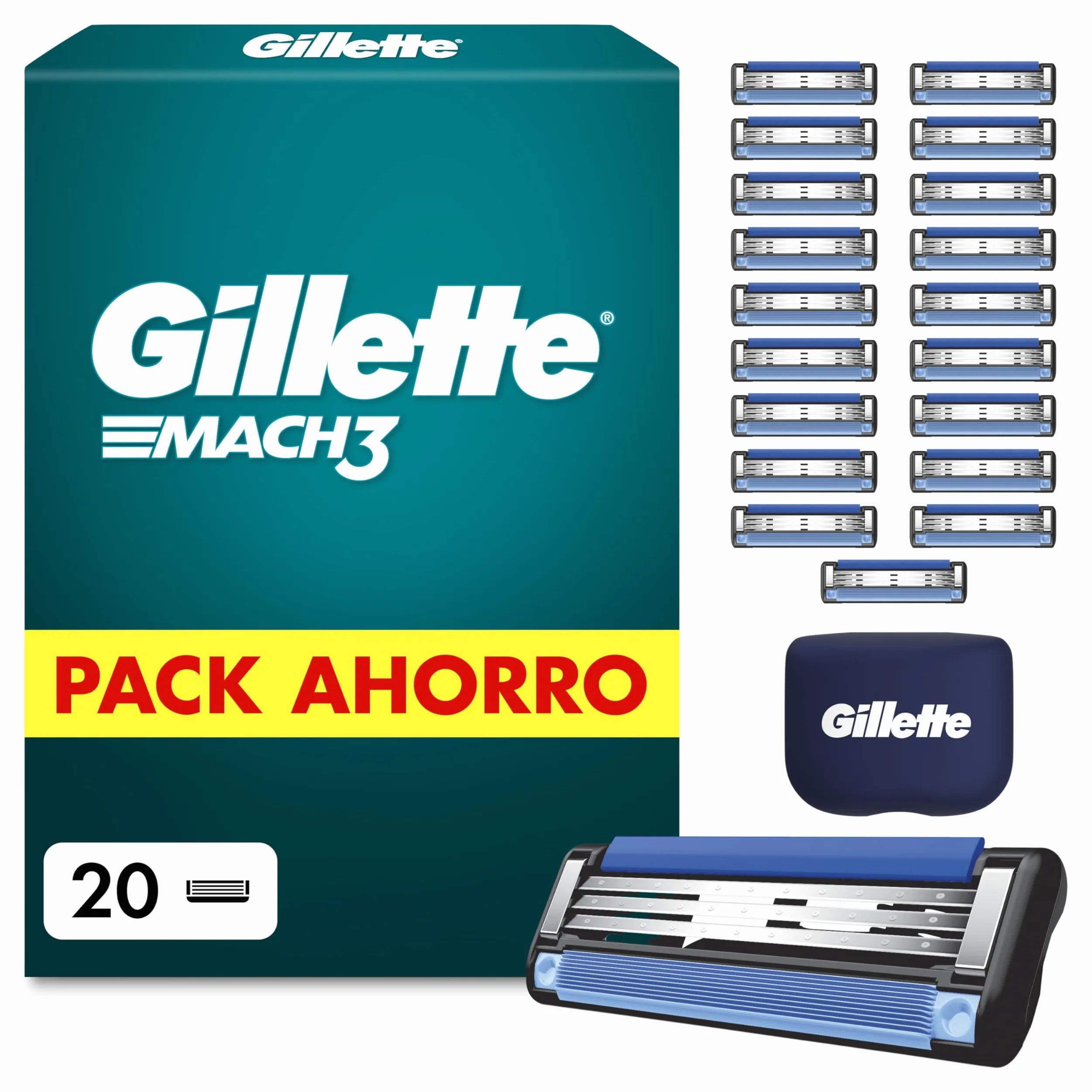 Gillette Mach3 Base - Juego de 20 cuchillas de repuesto para maquinilla de afeitar Gillette con tiras lubricantes para deslizamiento líquido y revestimiento de cuchilla, diseñadas para reducir