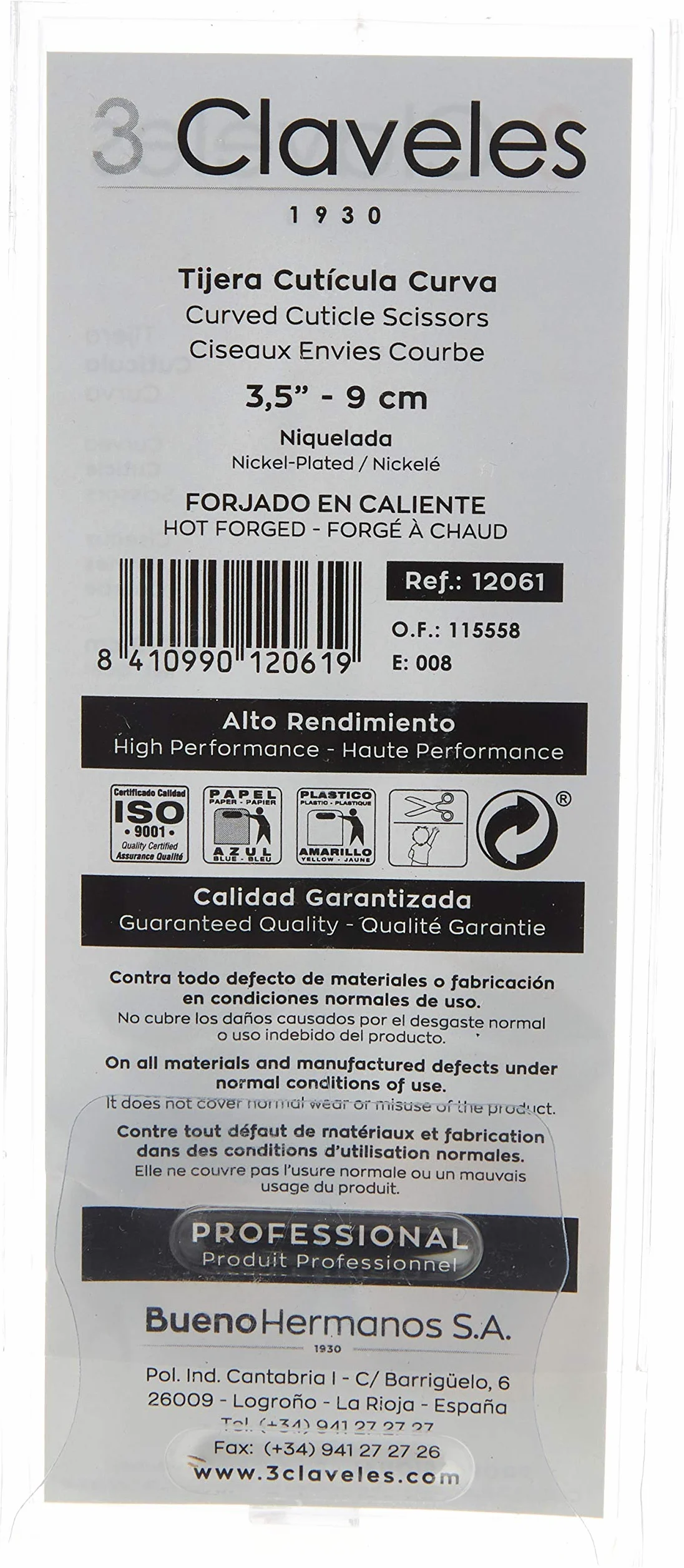 3 Claveles Tijeras De Manicura Acero Carbono 3.5" (9 Cm) Curvas Niquelada Gris