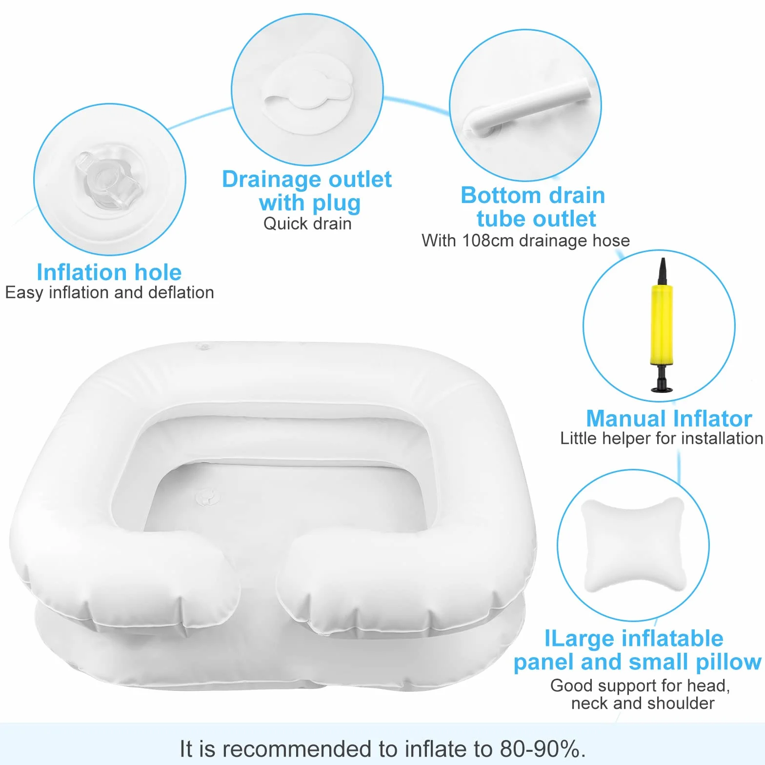 Lavacabezas Portátil Hinchable 60x55x22cm Blanco con Almohada