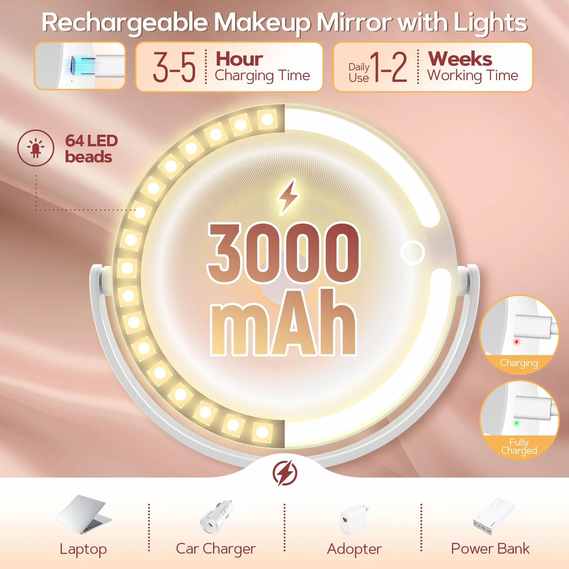 B Beauty Planet Espejo de maquillaje con luces 30X aumento iluminado brillo ajustable 2 lados altura ajustable para baño