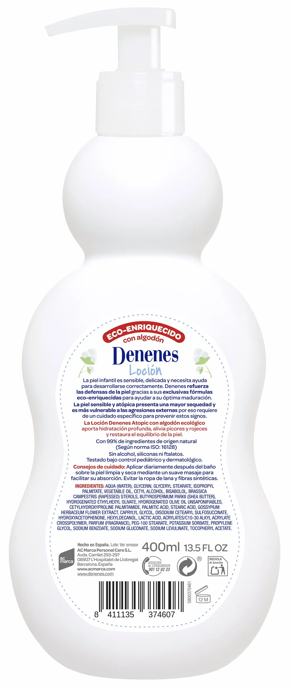 Denenes Atopic Loción Hidratante Algodón Ecológico 400 ml Sin Sulfatos Pieles Sensibles