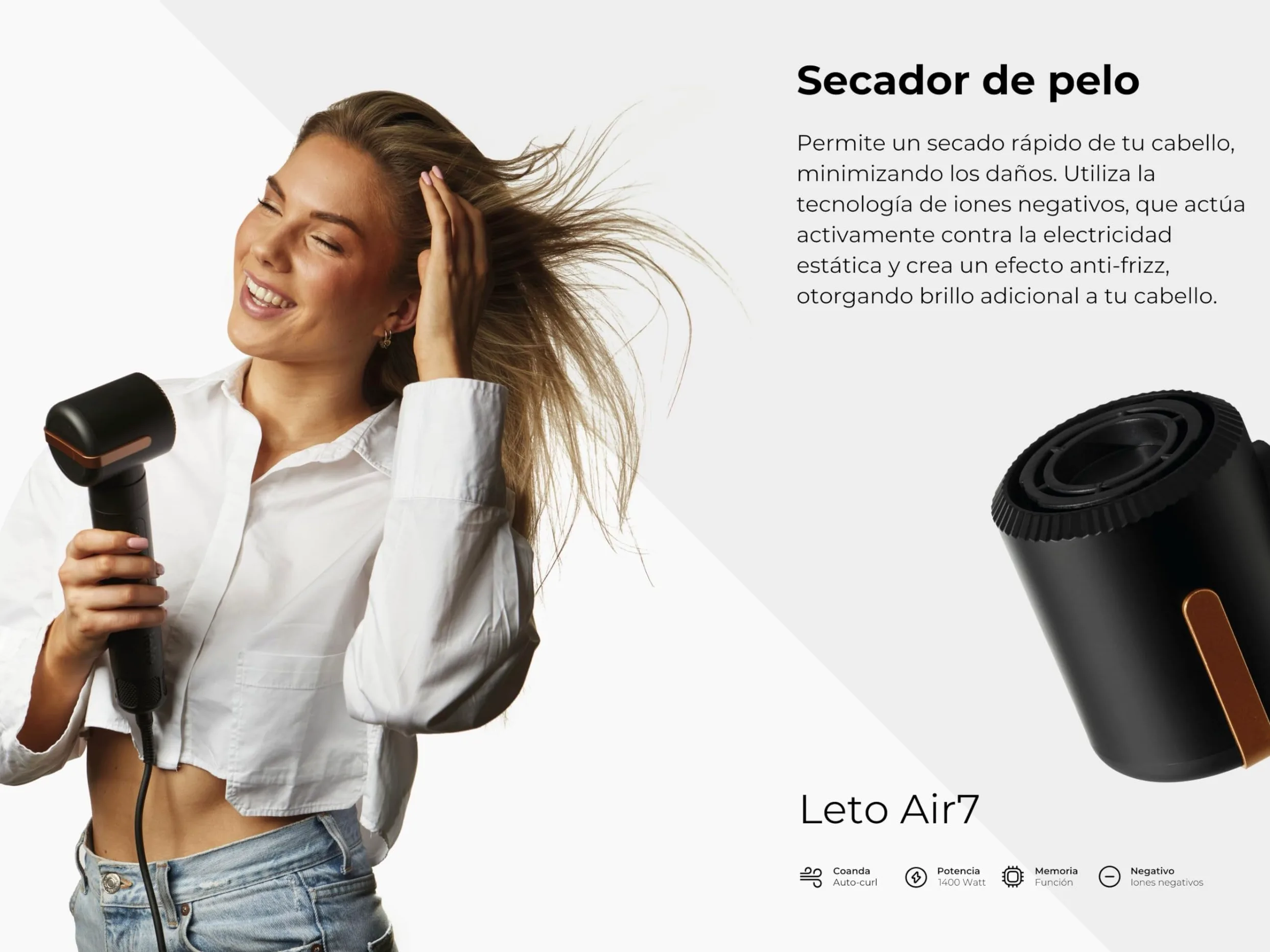 Leto 7en1 Cepillo de aire caliente y secador – cepillo redondo, rizador, ondulador, alisador, difusor, concentrador, Coanda, iones, 1400W BLDC