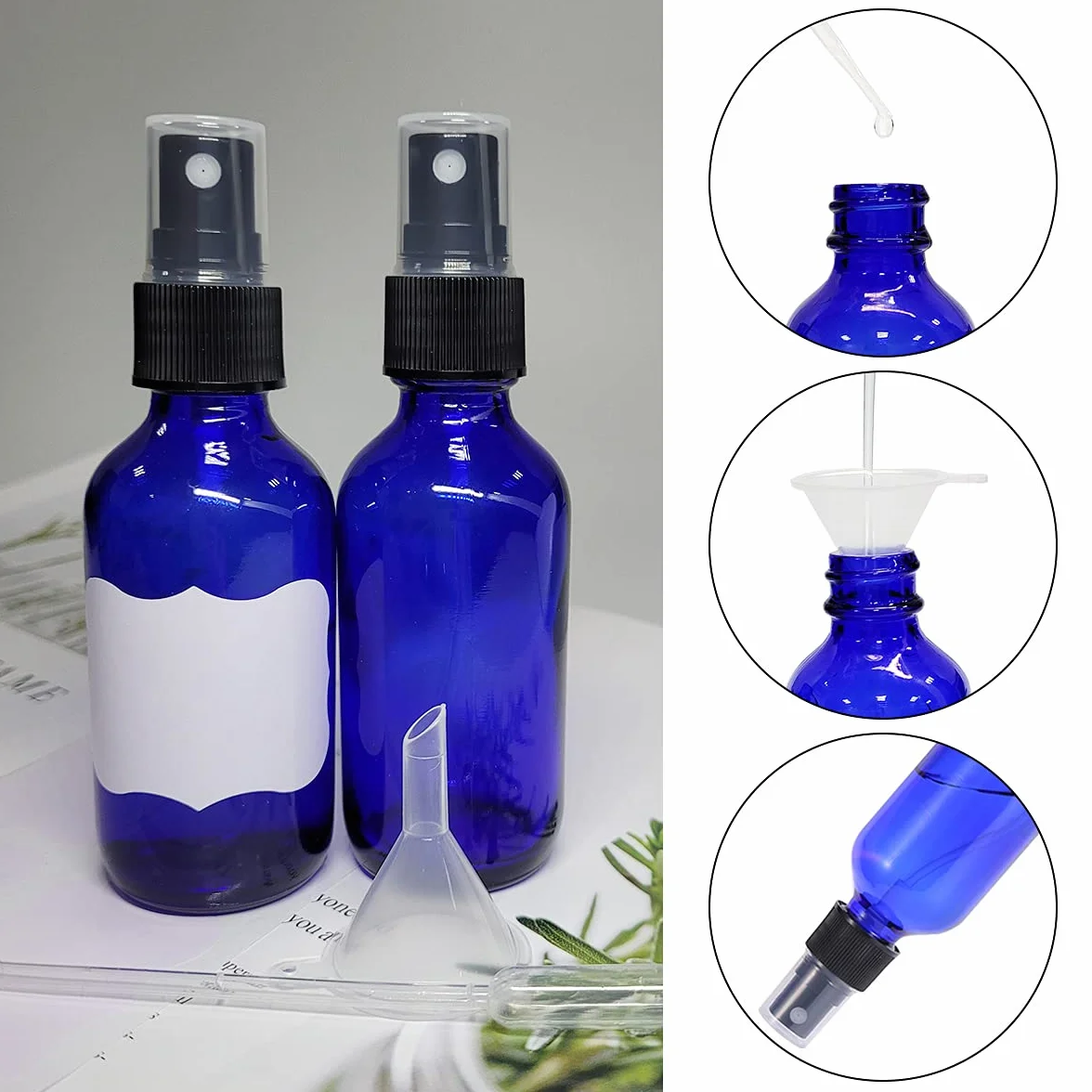 Botella de spray de vidrio 60 ml azul, atomizador de niebla fina reutilizable, botellas de aerosol de viaje para aceites esenciales, perfumes, limpieza (2 piezas)