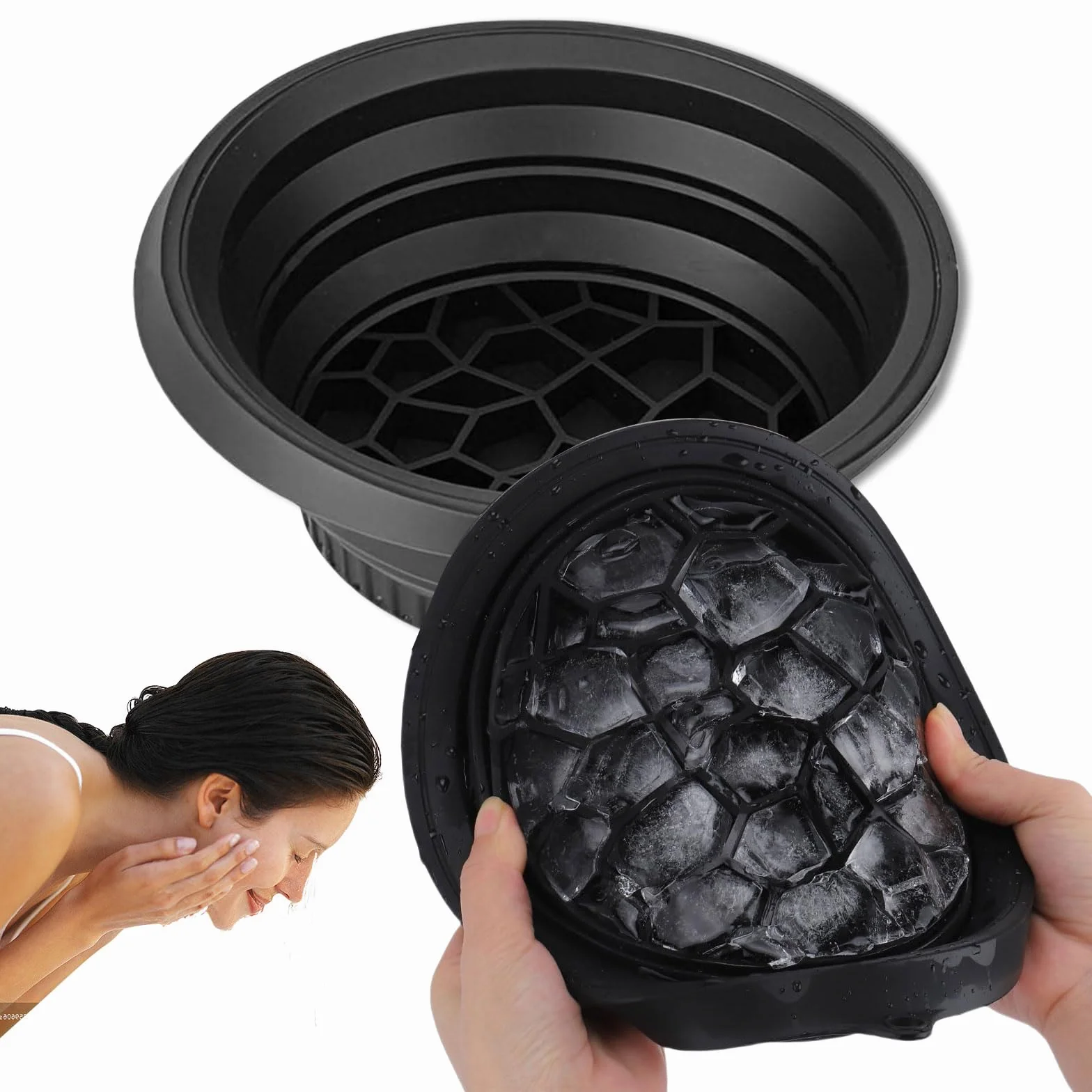 Cuenco Facial para Hielo de Silicona Plegable, Compartimento Integrado, Inmersión Facial para Tonificar Piel y Aliviar Acné (Negro)