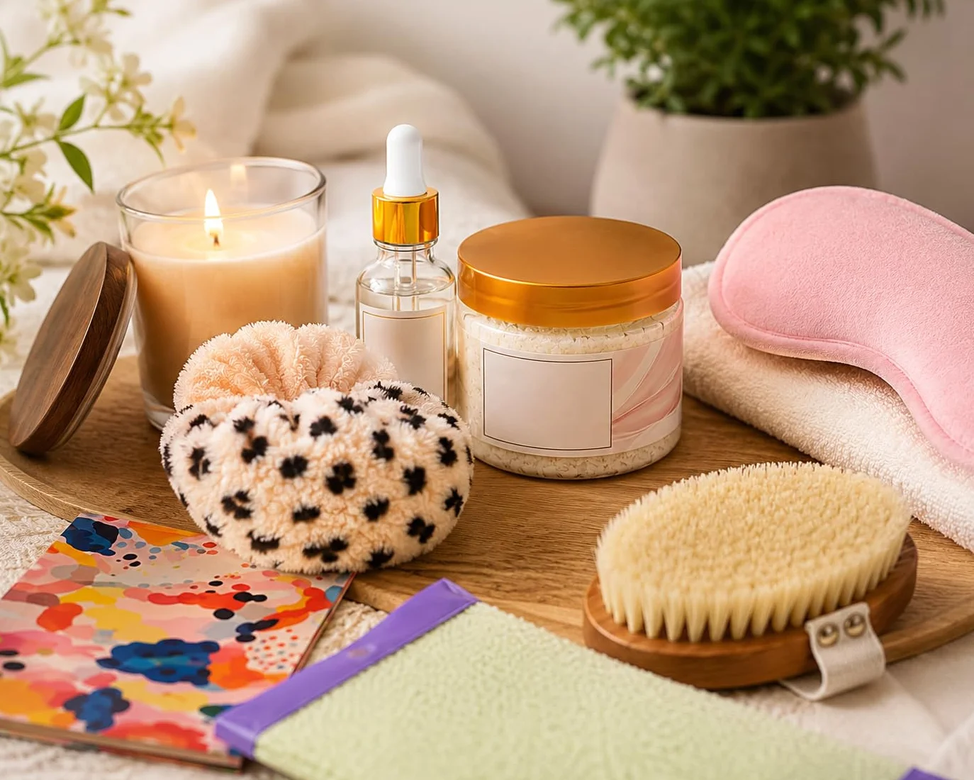 Caja de regalo de agradecimiento de 10 piezas para mujeres, juego de regalo de spa de cuidado personal y relajación con vela, máscaras de ojos, exfoliante corporal, cepillo exfoliante, accesorios de