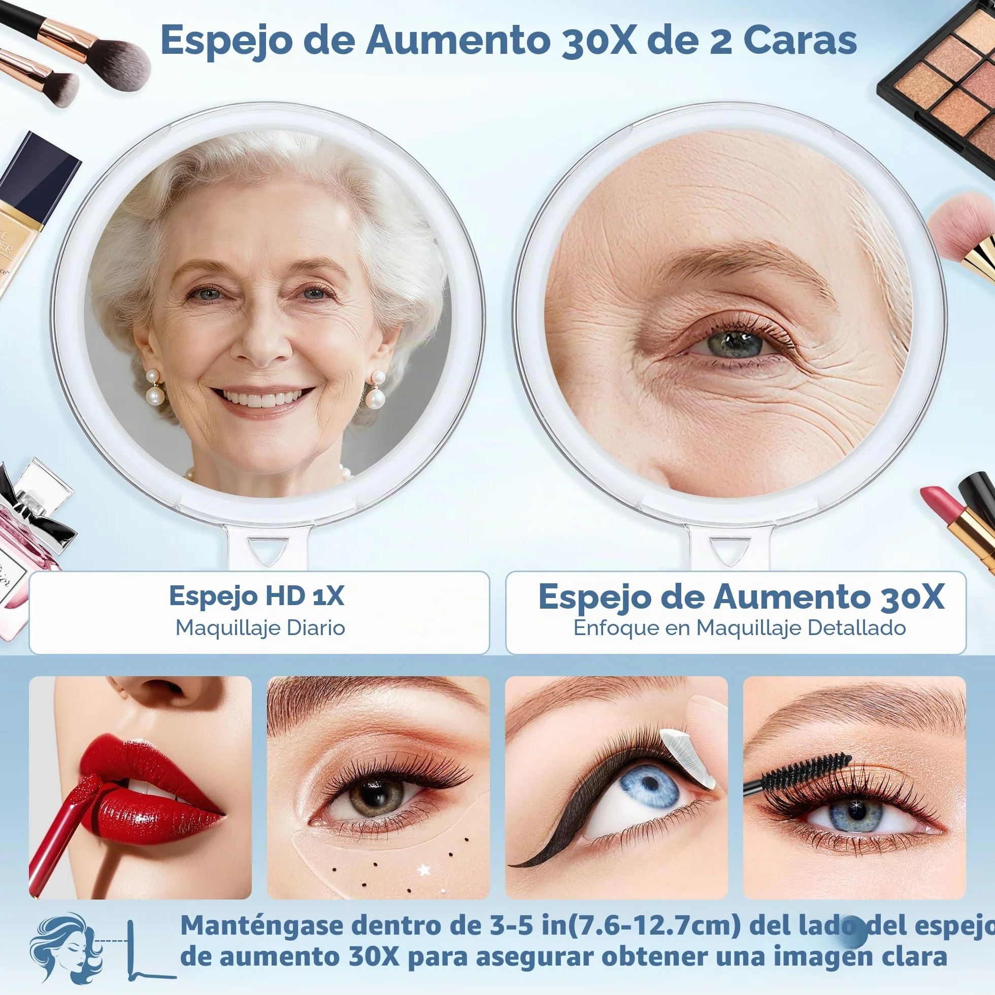 MIYADIVA Espejo de Maquillaje 30 Aumentos Doble Cara 1X/30X Espejo de Mano con Mango