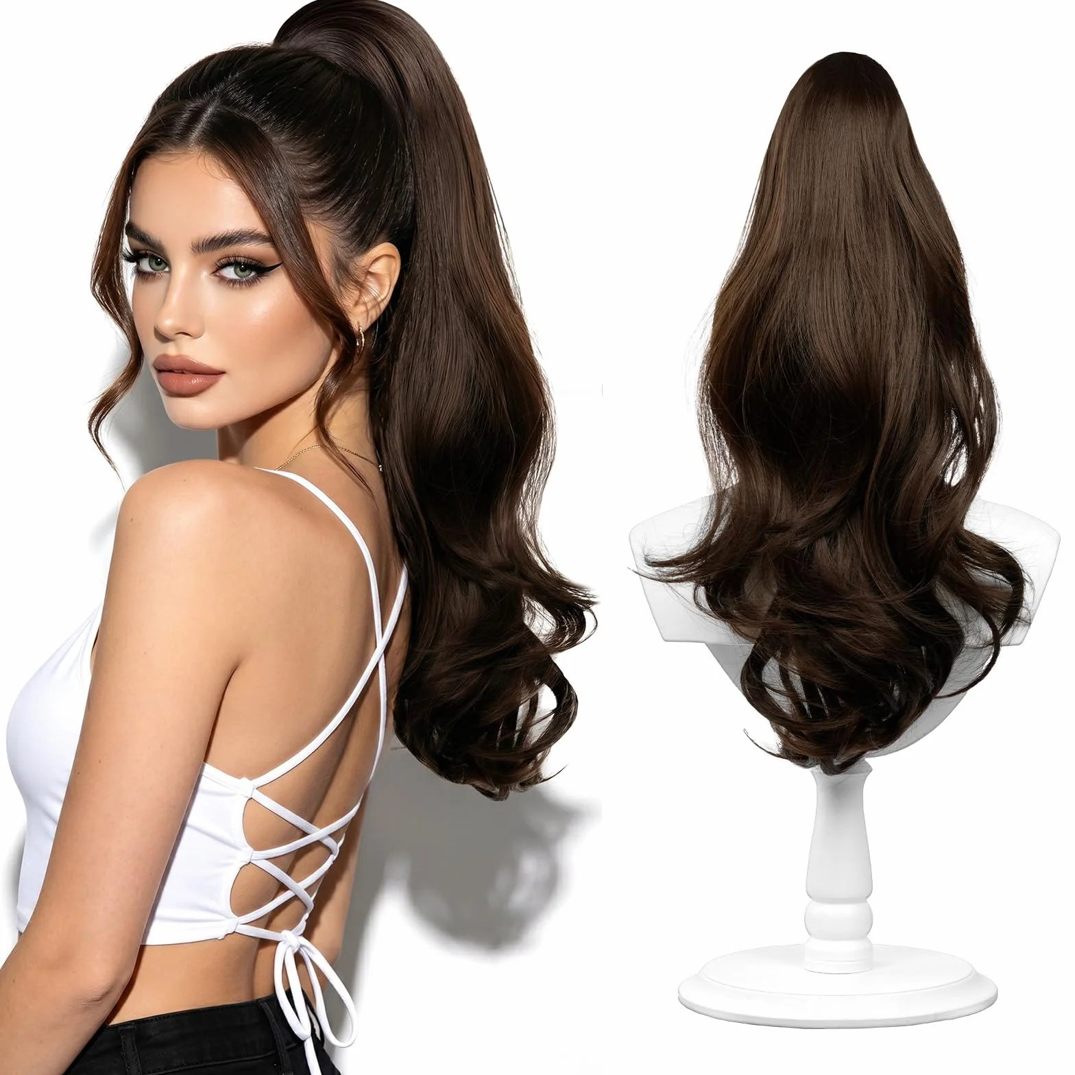 Flintronic Coleta Postiza de Caballo con Cordón, Extensión de Cola para Mujeres, Ondulado Rizado Sintética, Marrón Oscuro, 50cm