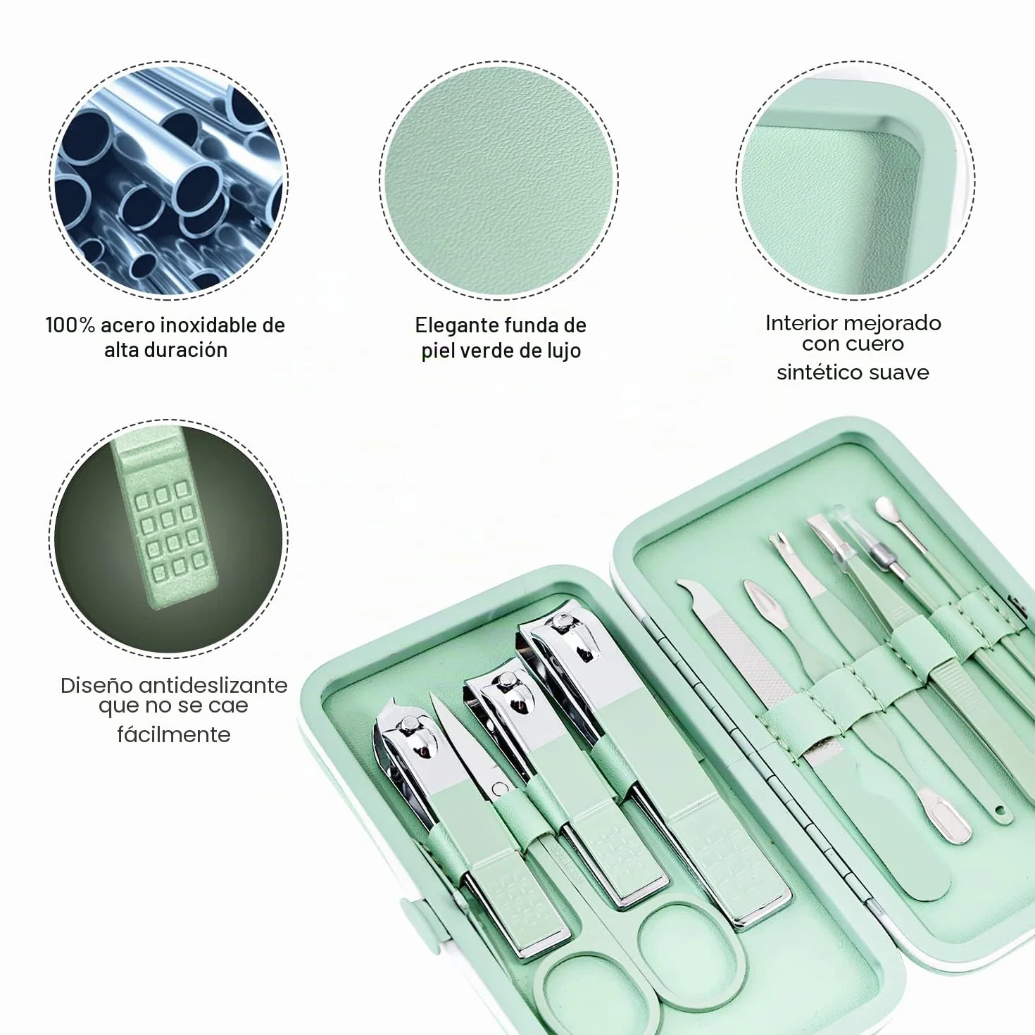 Set de Manicura Pedicura Profesional Cortaúñas Acero Inoxidable 10 Piezas Caja de Cuero Verde