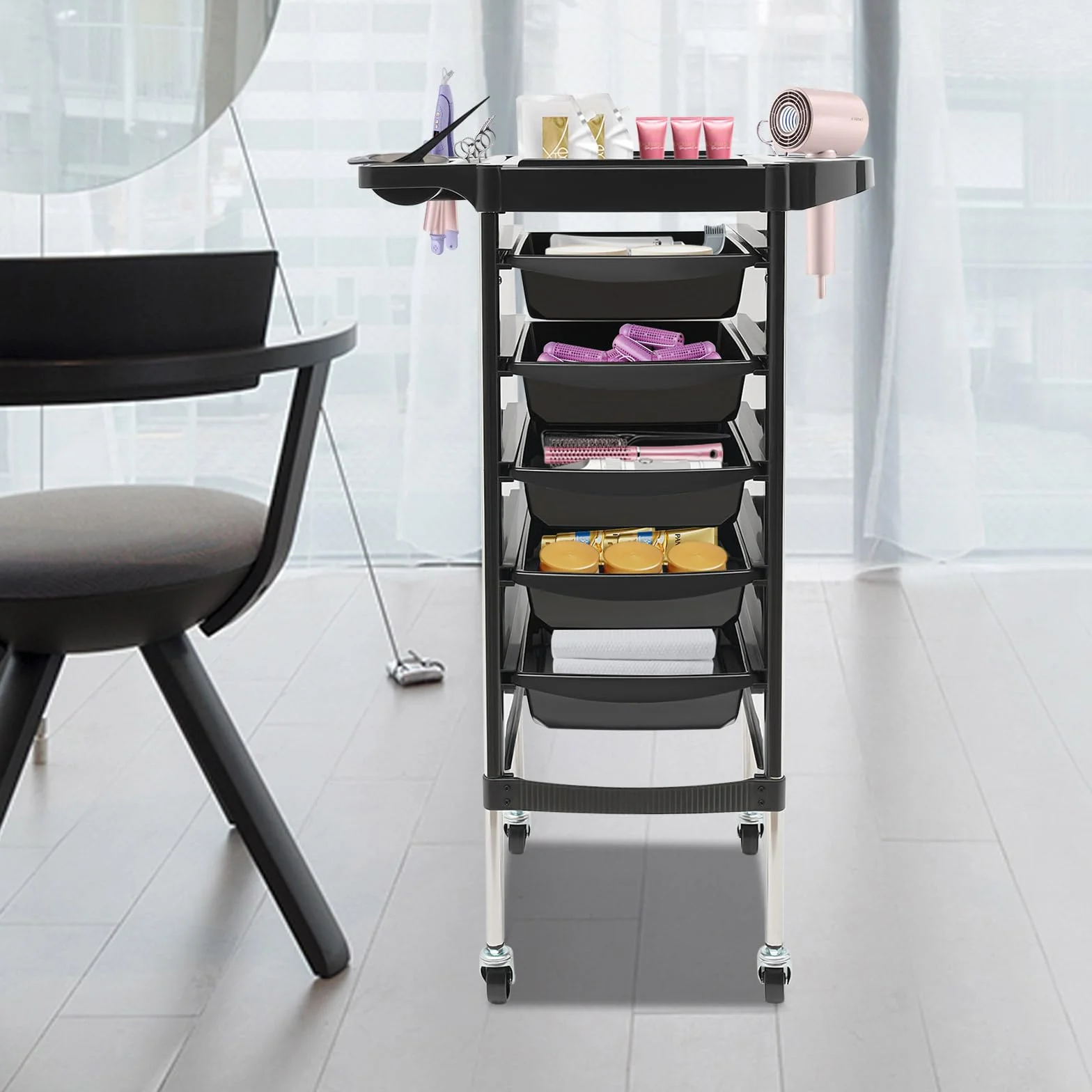 Carrito de peluquería 6 pisos 5 cajones acero inoxidable negro 36x85.5 cm