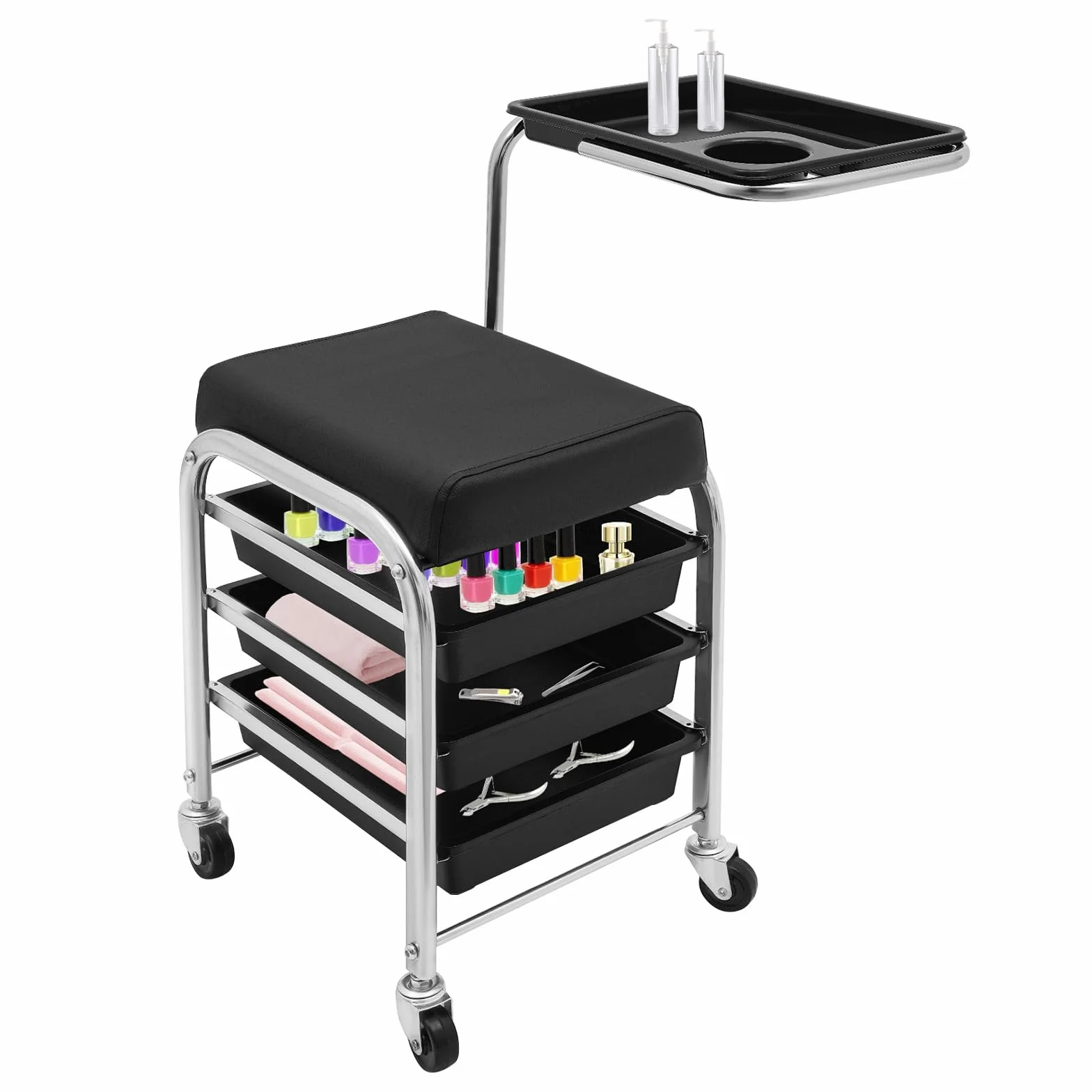 Carrito de peluquería 3 niveles altura ajustable 53-77 cm 4 ruedas negro