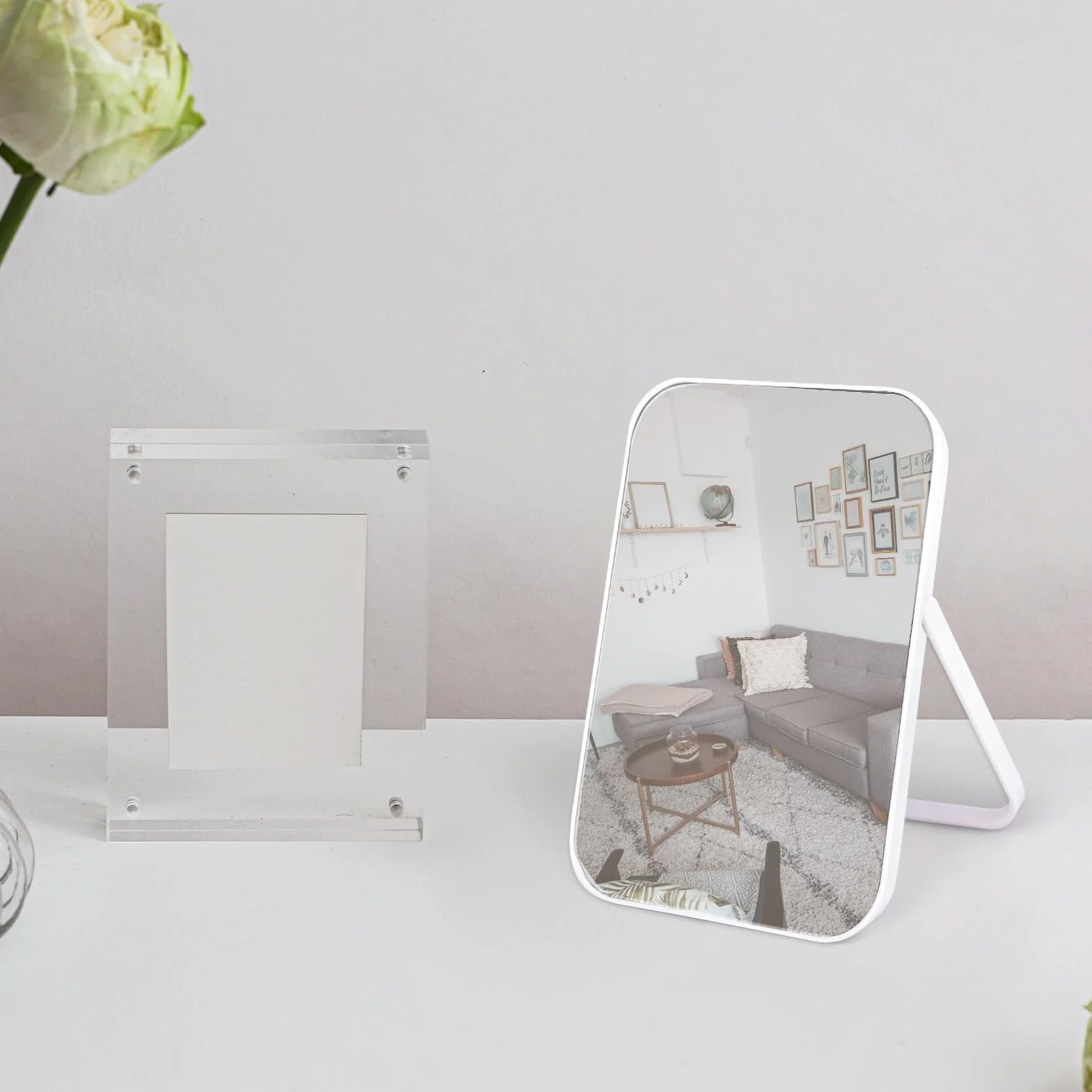 Espejo de maquillaje portátil 8 pulgadas soporte ajustable 180° blanco