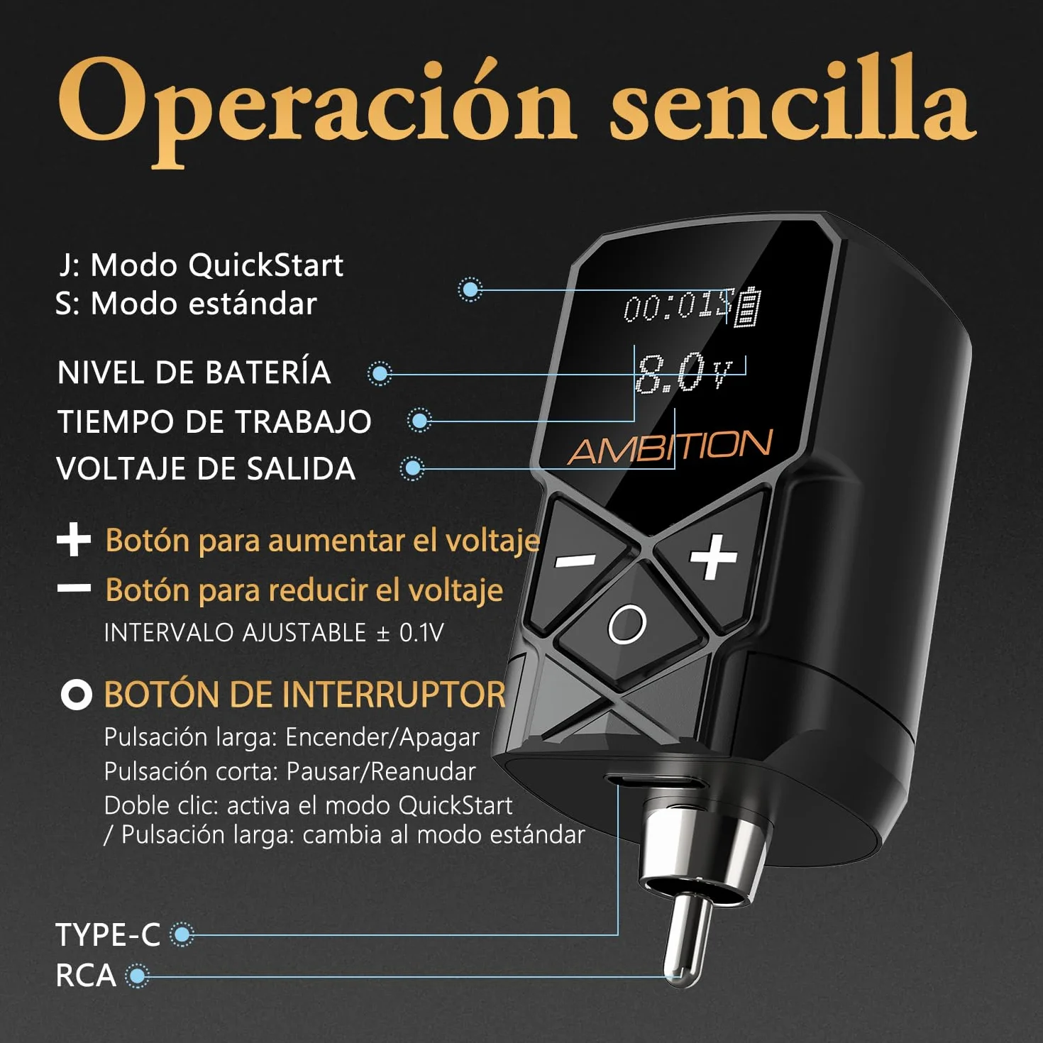 Ambition Kuark Mini Maquina de Tatuar Rotativa Fuente Inalámbrica con Batería 1800mAh, Pantalla LED y RCA Profesionales