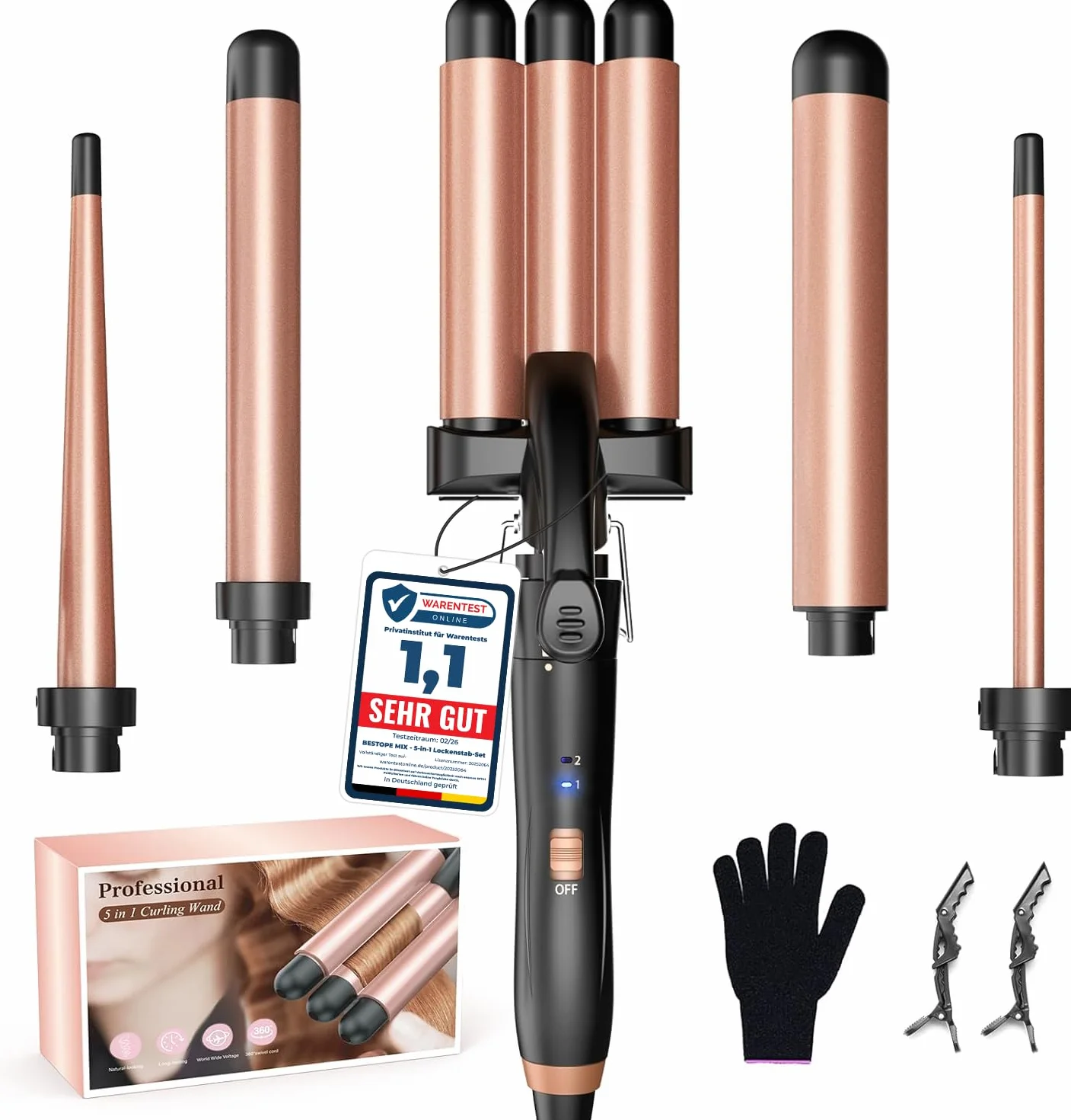 BESTOPE Rizador de Pelo 5 en 1 Plancha Ondas Temperatura Regulable Cerámica Calentamiento Rápido 3 Barriles