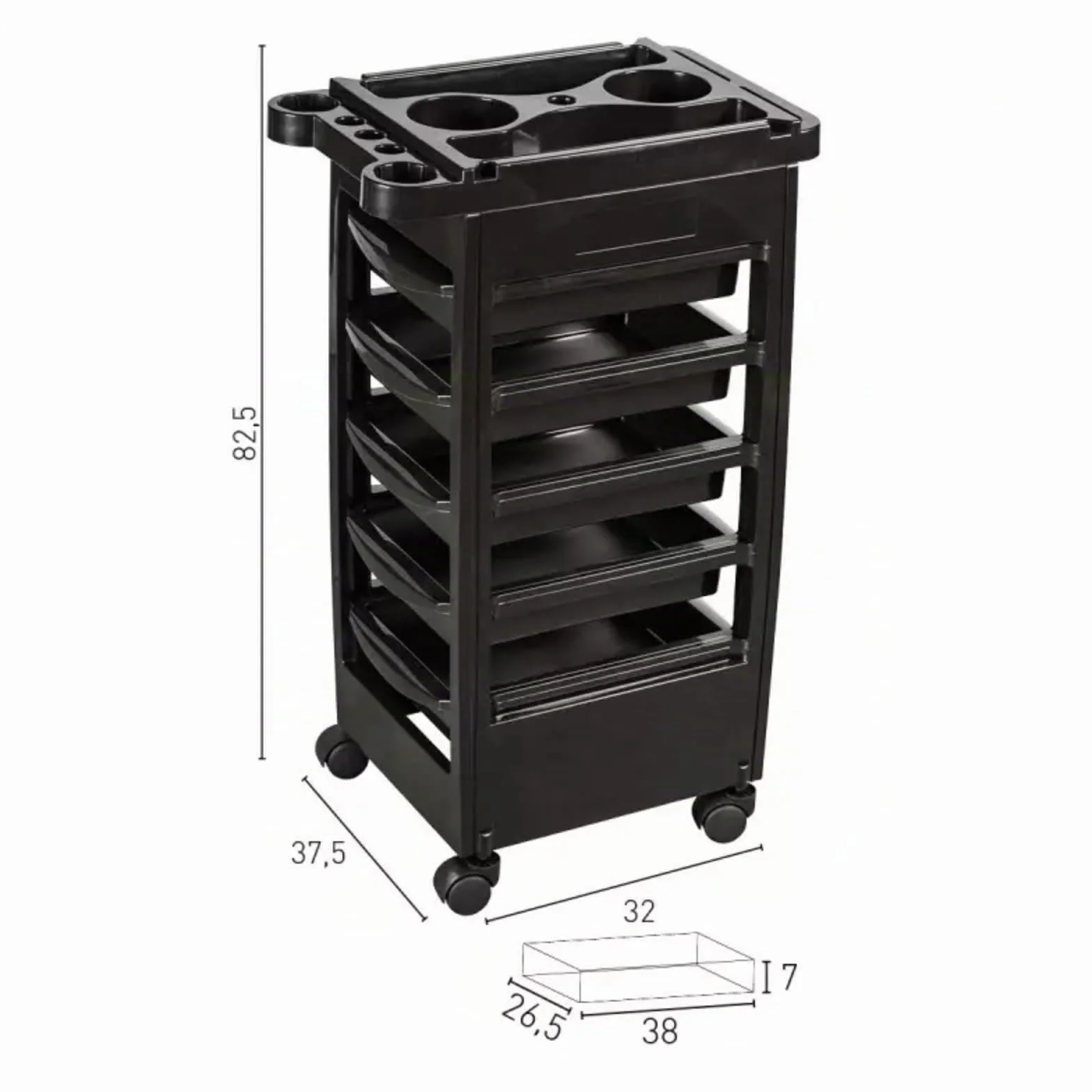 Carro de Peluquería Negro 5 Bandejas Extraíbles 38x26,5x7 cm Bandeja Superior Antideslizante Porta Secadores 4 Ruedas Flexibles