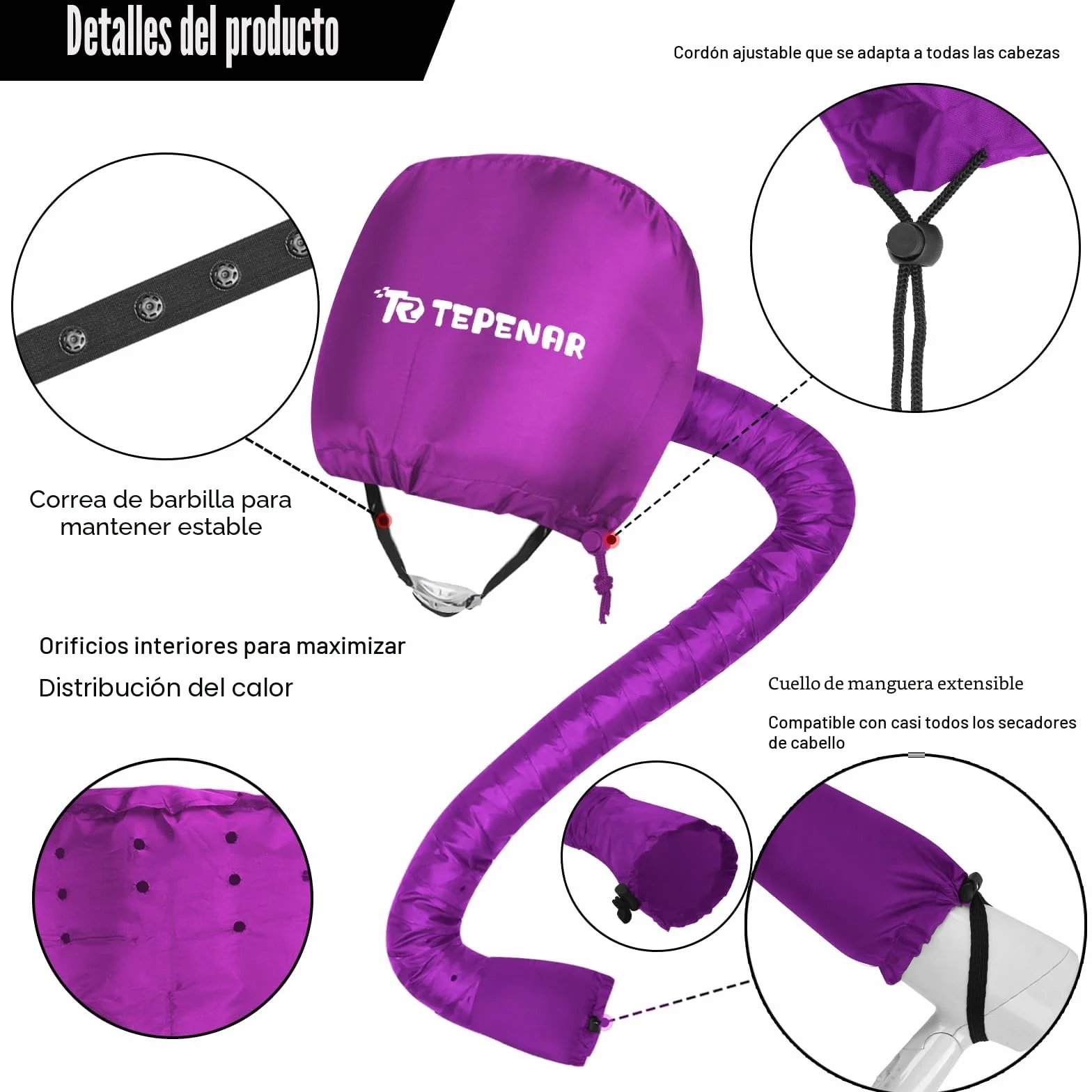 TEPENAR Gorro Secador de Mano Ajustable Suave Secado Rápido para Cabello Rizado Natural Morado