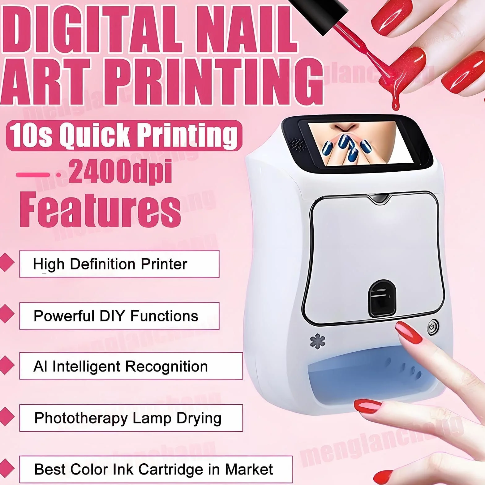 Kit De Impresora De UñAs - Impresora De UñAs 3D Digital MóVil para SalóN Y Hogar-WiFi/DiseñO DIY/Pantalla TáCtil | 10 Esmaltes De Gel + 2 Pegamentos para Pintar + 2 Cartuchos Tinta