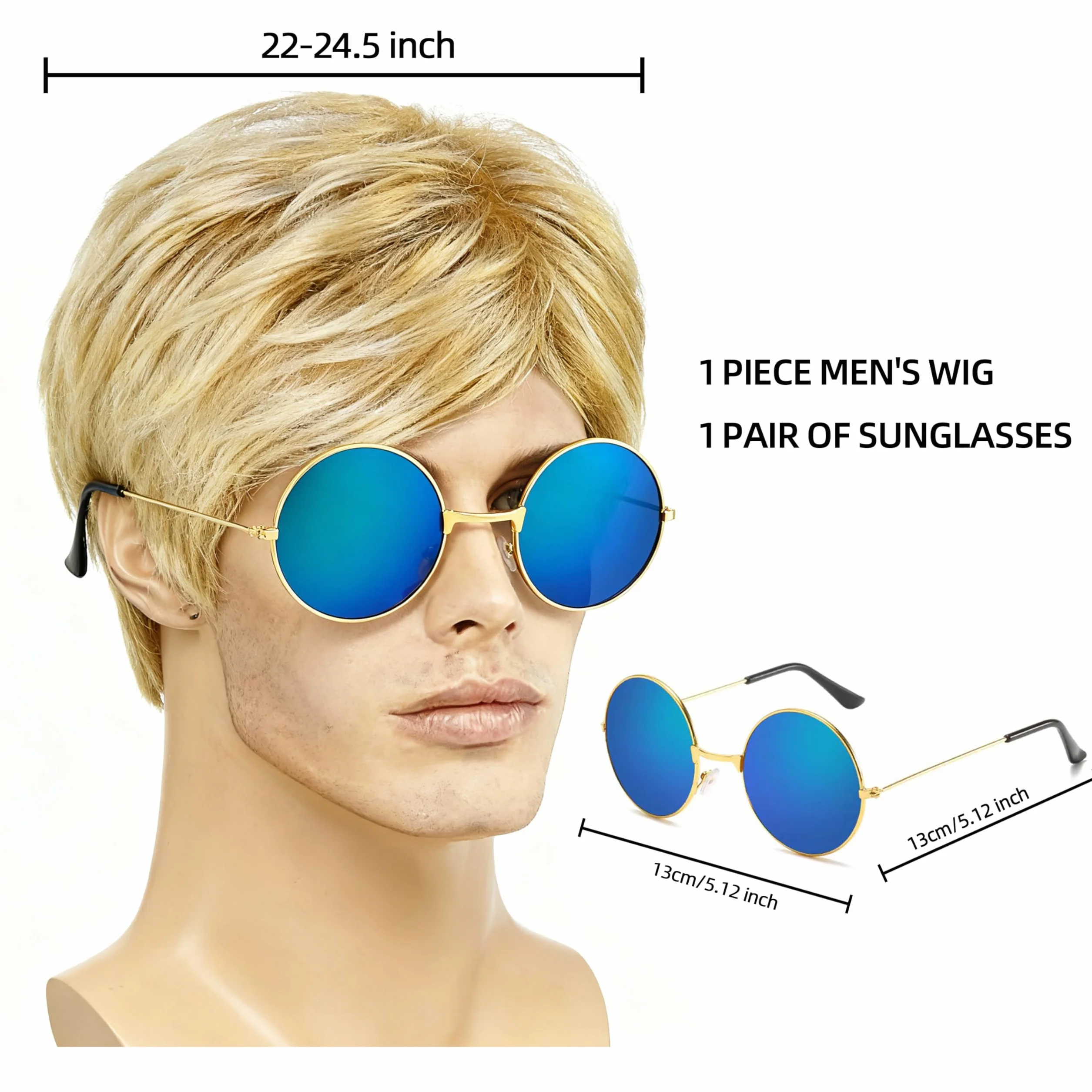 Set Peluca Hombre Rockero Años 80 con Gafas de Sol, Peluca Corta Rubia Rizada Fibra Sintética Resistente al Calor, Disfraz Fiesta Carnaval Halloween