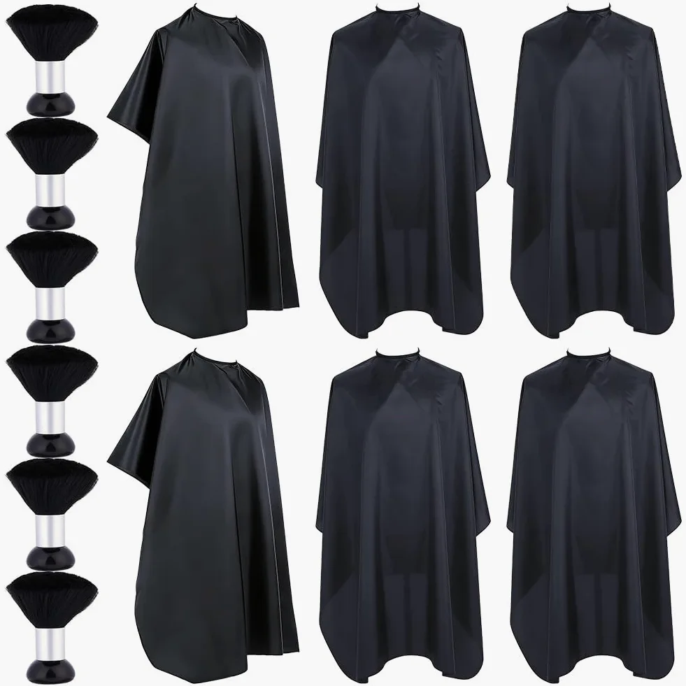 ORIGACH 6 capas de corte de pelo con 6 plumeros, capa de peluquero con cierre a presión ajustable, capa de salón para mujeres y hombres, uso profesional y doméstico, color negro, 120 x 140 cm
