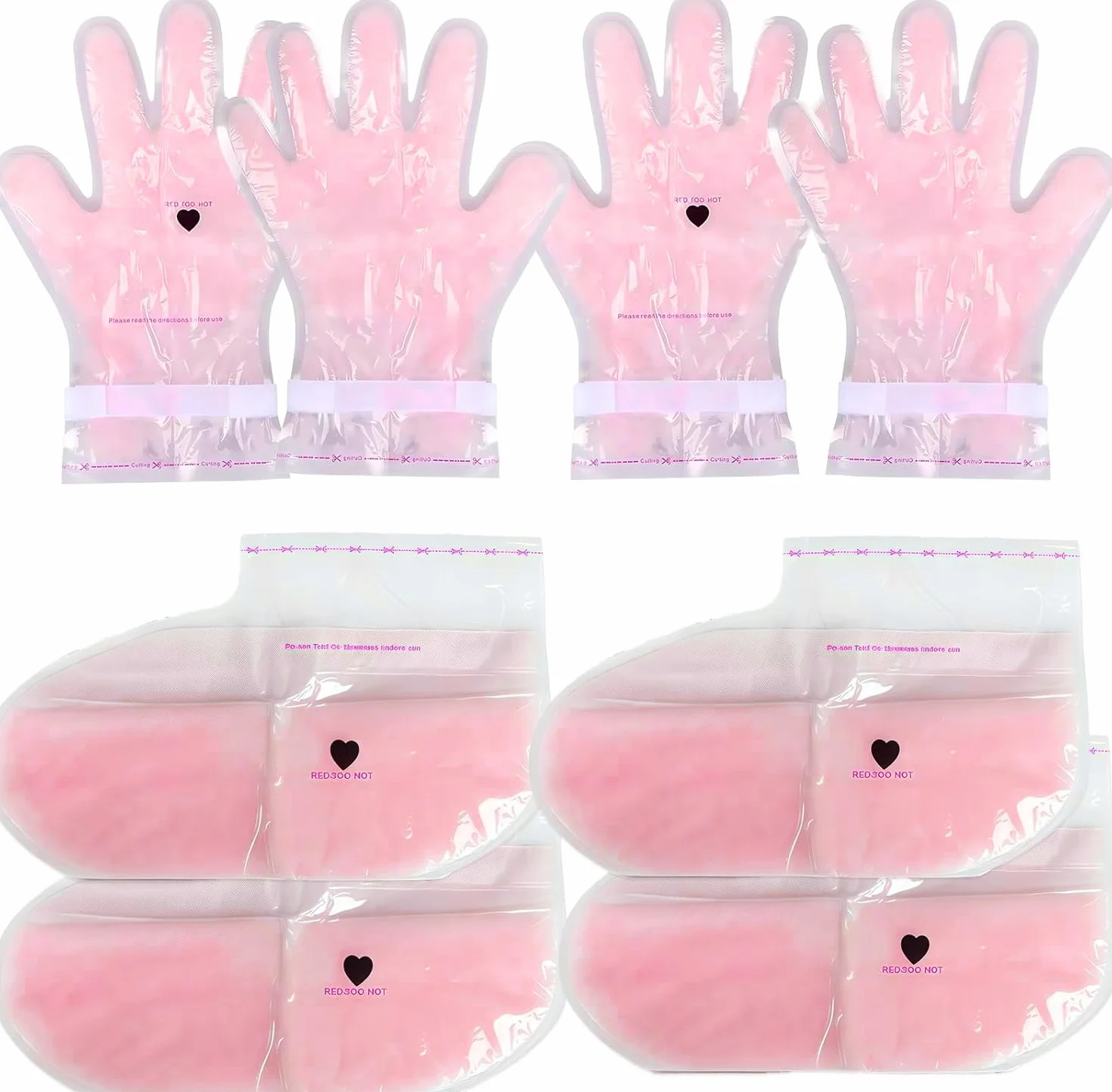 Guantes de Tratamiento de Cera de Parafina para Manos y Pies, 4 Pares Guantes de Cera Rosados, Máscara de Cera Curativa Suavizante para Piel Seca y Agrietada | Cuidado Intensivo de Manicura y Pedicura
