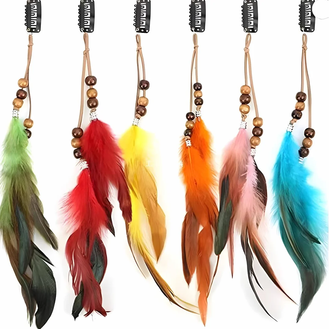 Clips de Pelo Pluma Boho con Plumas Pavo Real, Extensiones Cabello Hippie, Tocado Bohemio para Mujeres y Niñas