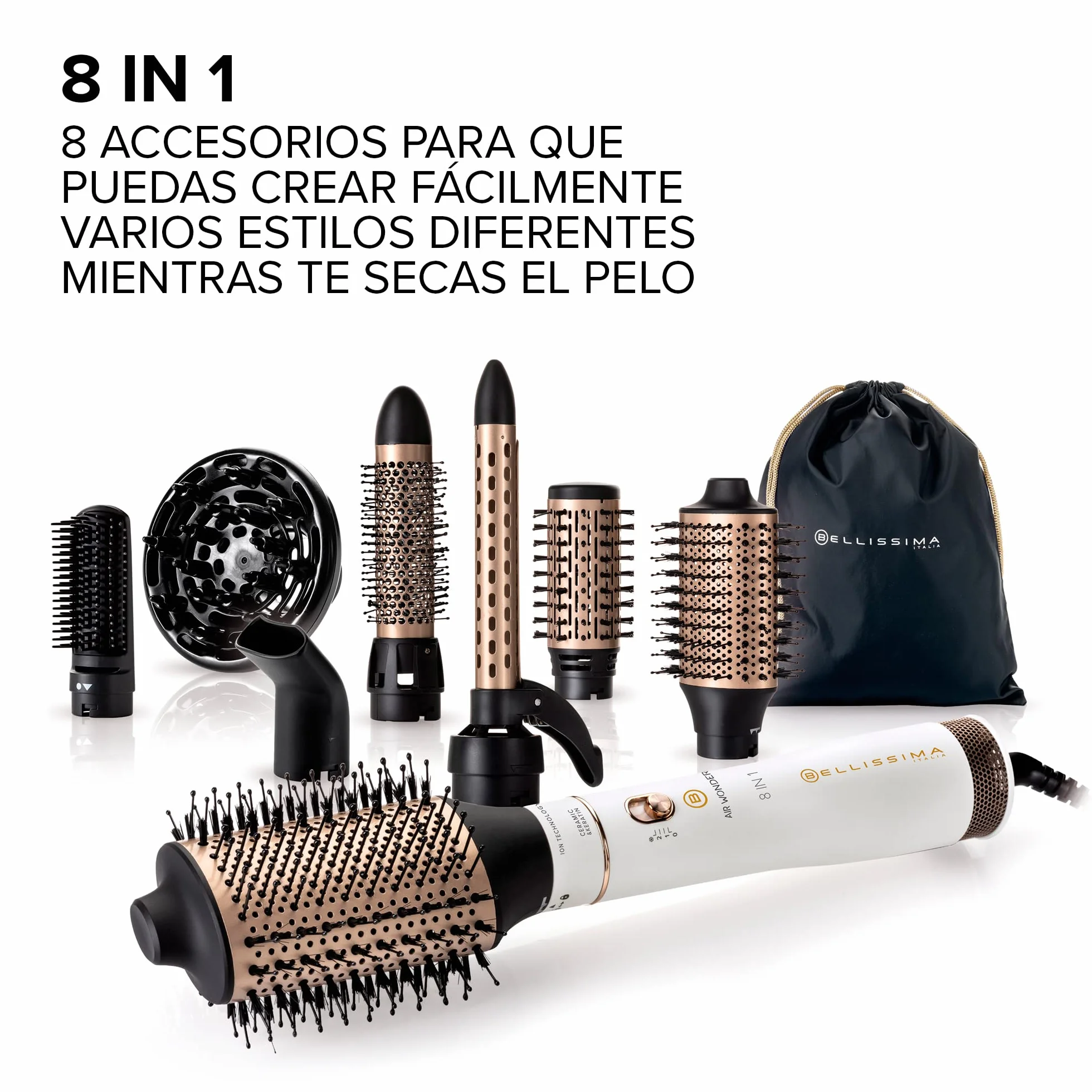 Bellissima Imetec Air Wonder Moldeador Cepillo de aire caliente 1000 W 8 Accesorios Blanco Satinado