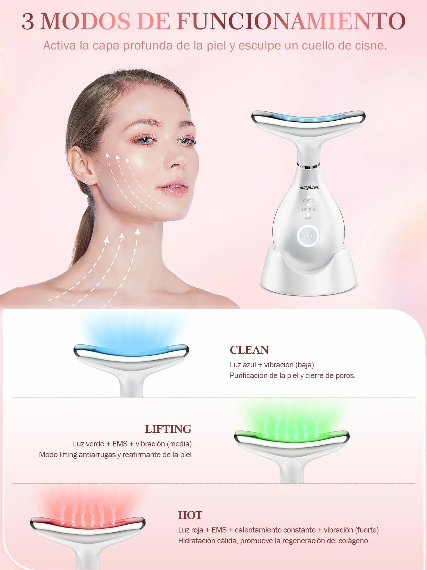 Masajeador Facial Antiarrugas Eléctrico con Calor 42°C Luz LED EMS para Cara y Cuello
