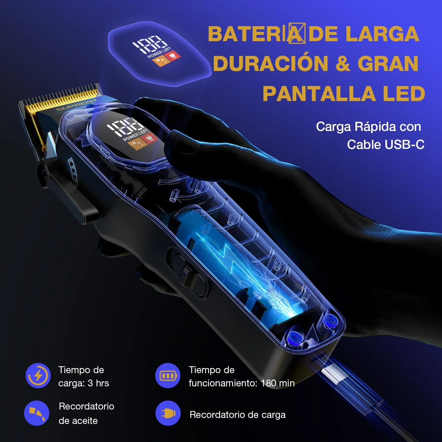 SUPRENT Maquina De Cortar Pelo Hombre Profesional, 9 Peines Guía, Cortapelos Hombre LED, Kit Corte Pelo Motor Alto Rendimiento Negro