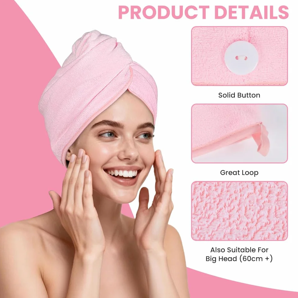 HOTUT Toalla Turbante para el Pelo Microfibra 2PCS Secado Rápido con Botón Anti-Encrespado Antideslizante Suave Cómodo Verde Rosa