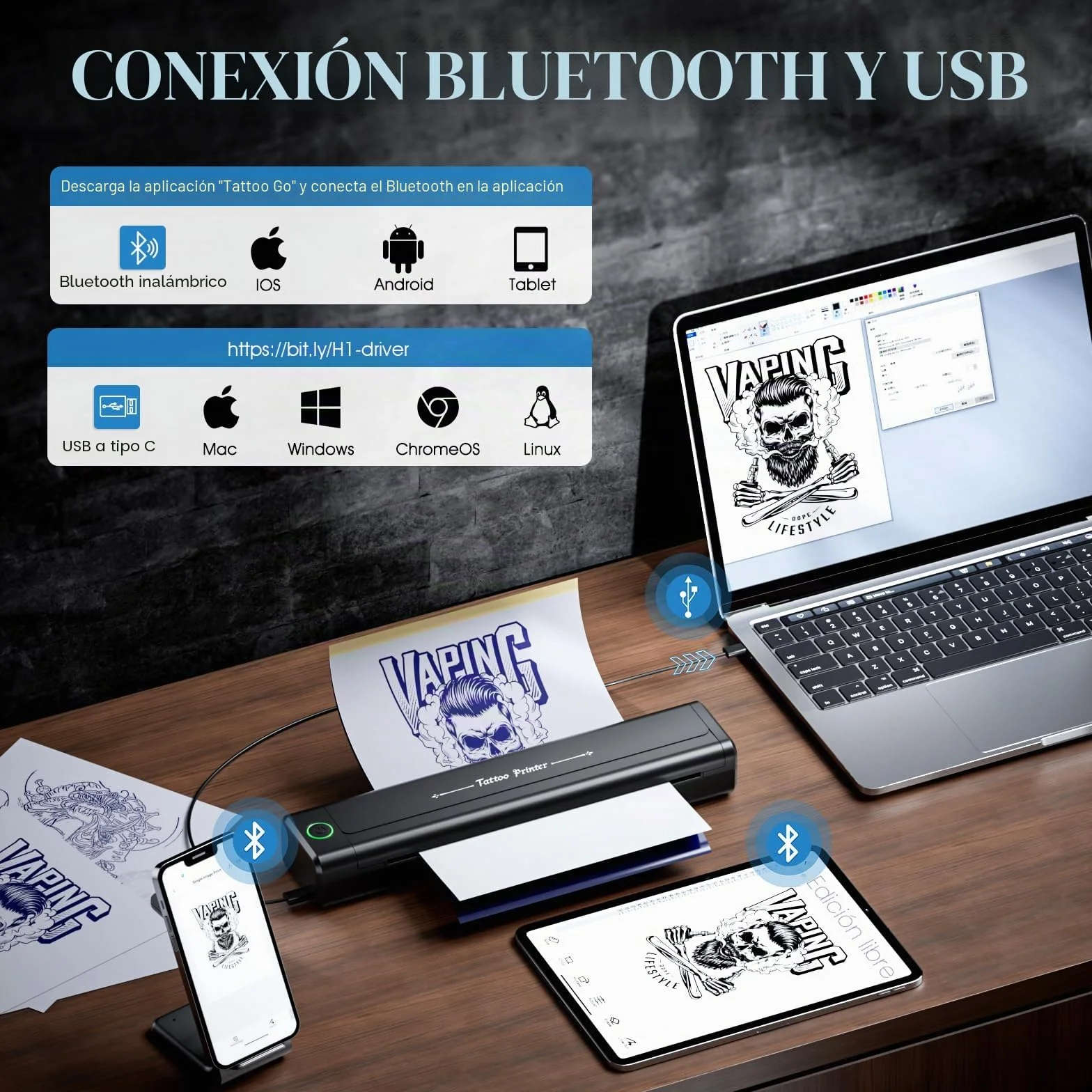 H1 Termocopiadora Tattoo Bluetooth, Impresora Térmica Inalámbrica con 10 Hojas Papel de Transferencia, Impresora de Tatuaje Compatible con Teléfono Tablet PC para Artistas y Principiantes
