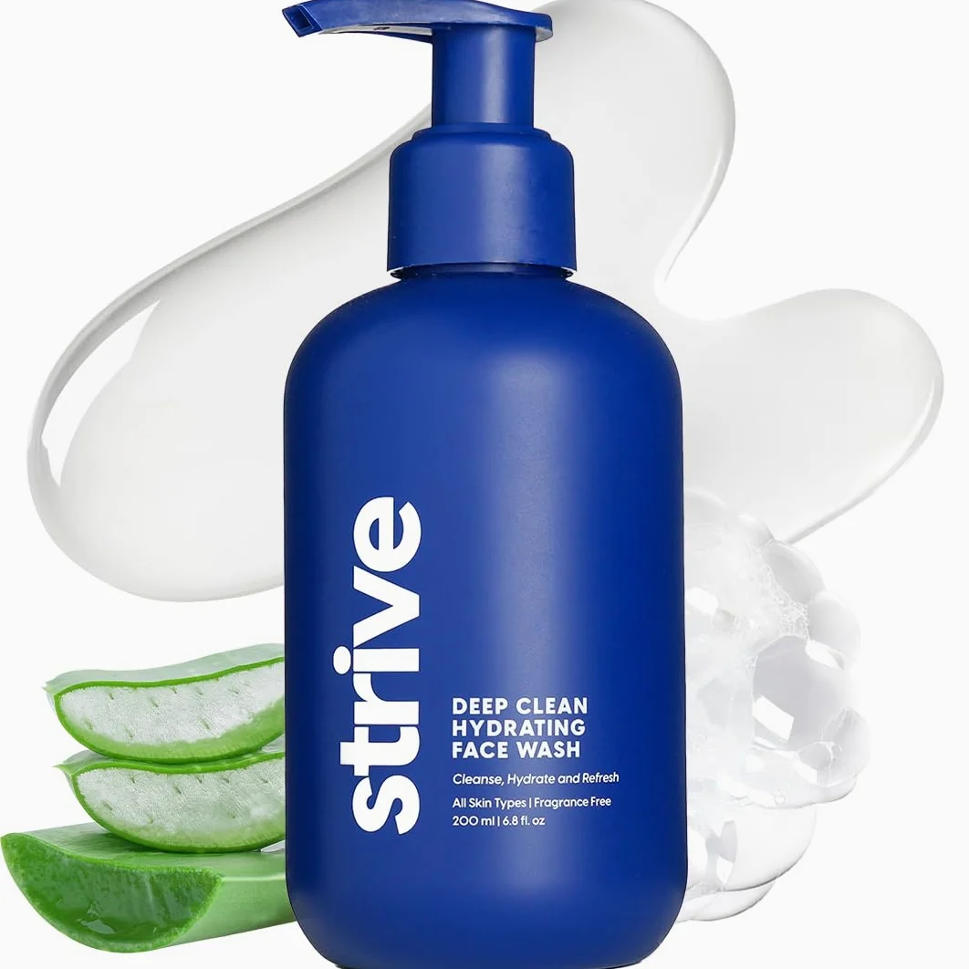 Strive - Gel limpiador facial hidratante profundo para hombre, limpiador facial, cuidado de la piel para hombres, sin perfume, piel limpia, refrescante con aloe vera, ácido hialurónico y