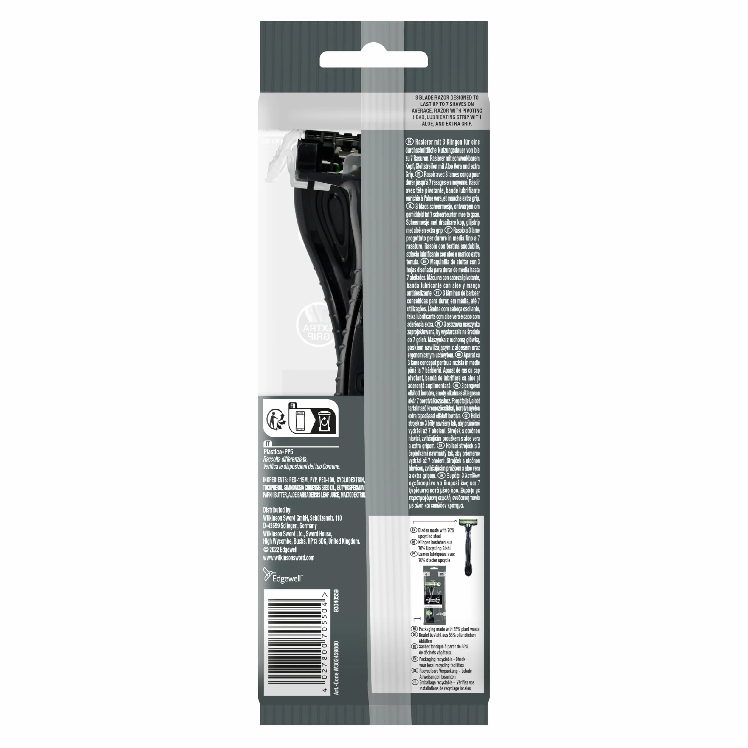 Wilkinson Sword Extra 3 Activ Maquinilla de Afeitar Desechable 3 Hojas Banda Lubricante Aloe Vera Cabezal Giratorio Pack 4