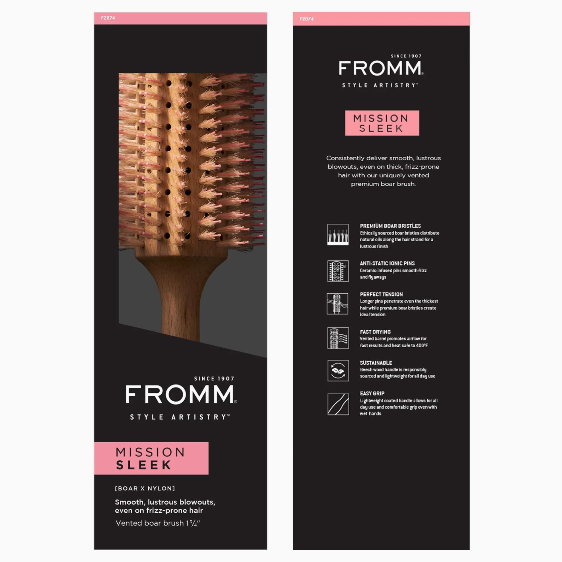 Fromm Mission Sleek - Cepillo de jabalí redondo ventilado para soplados suaves y brillantes incluso en cabello propenso al encrespamiento, cepillo de pelo con jabalí natural para peinar, alisar,