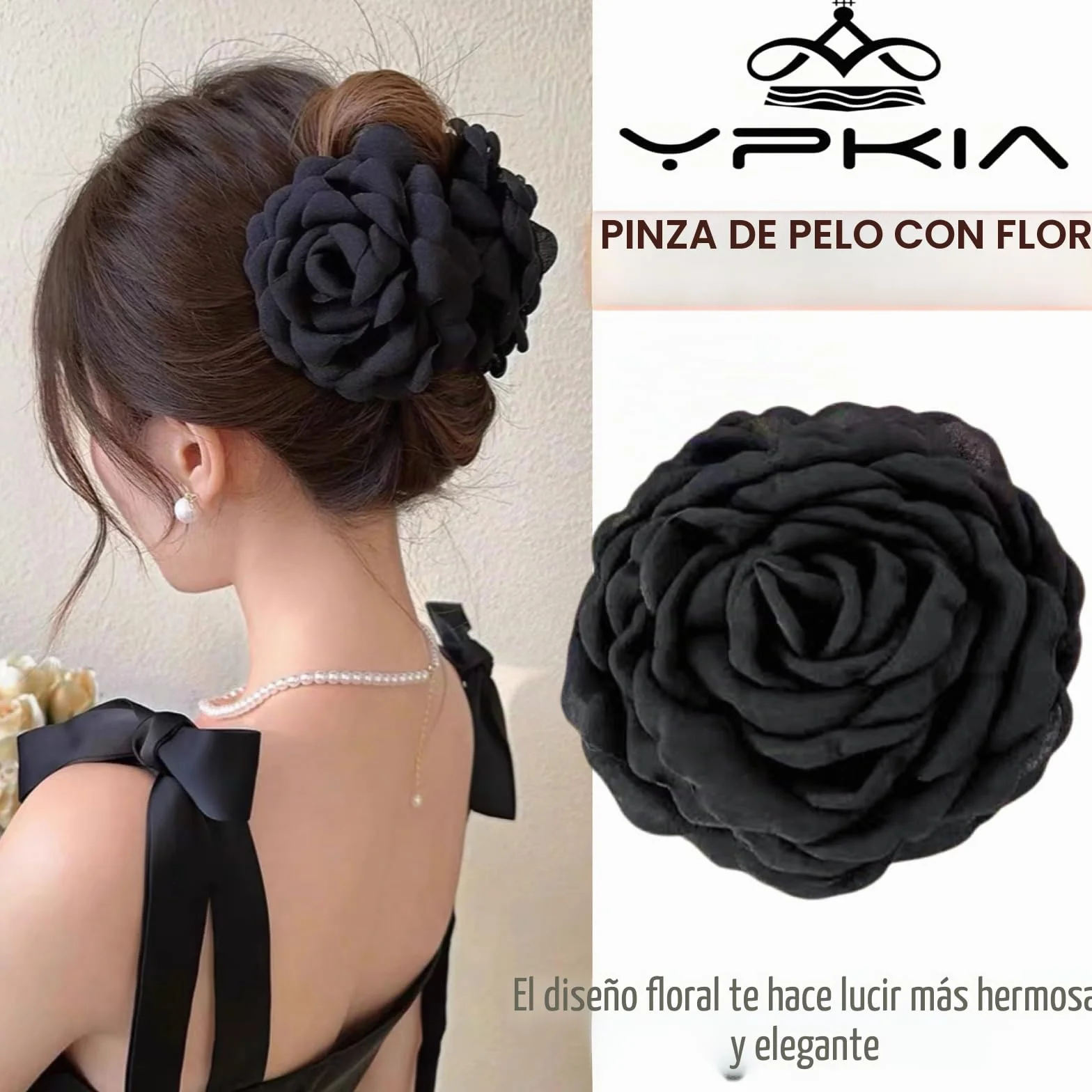 Juego de 3 pinzas grandes para el pelo diseño rosa negro beige claro