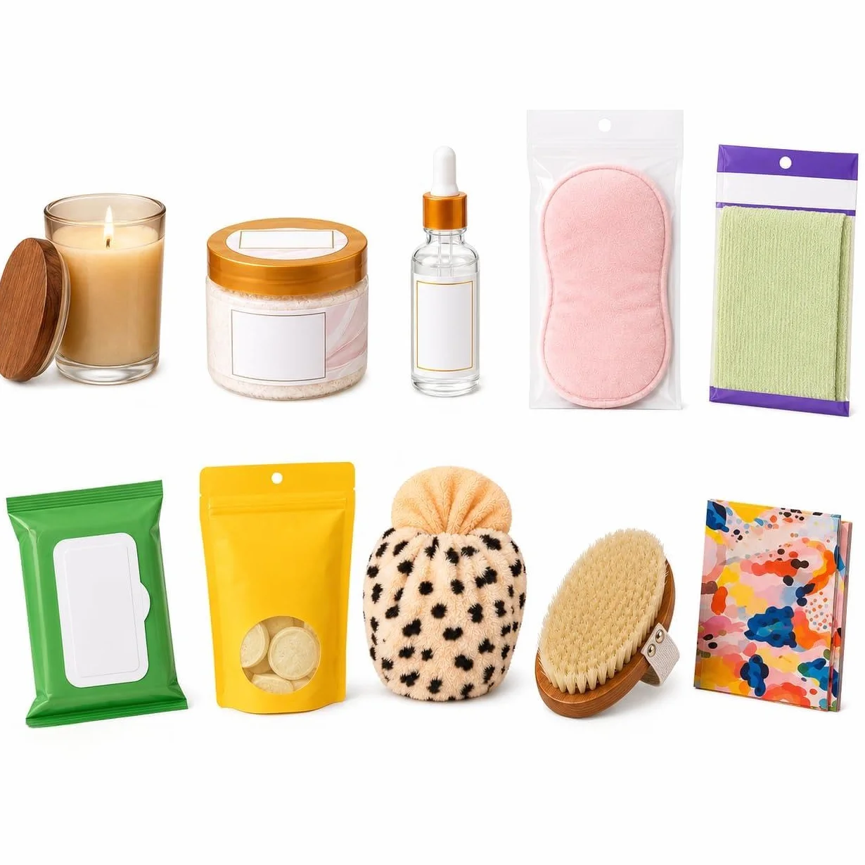 Caja de regalo de agradecimiento de 10 piezas para mujeres, juego de regalo de spa de cuidado personal y relajación con vela, máscaras de ojos, exfoliante corporal, cepillo exfoliante, accesorios de