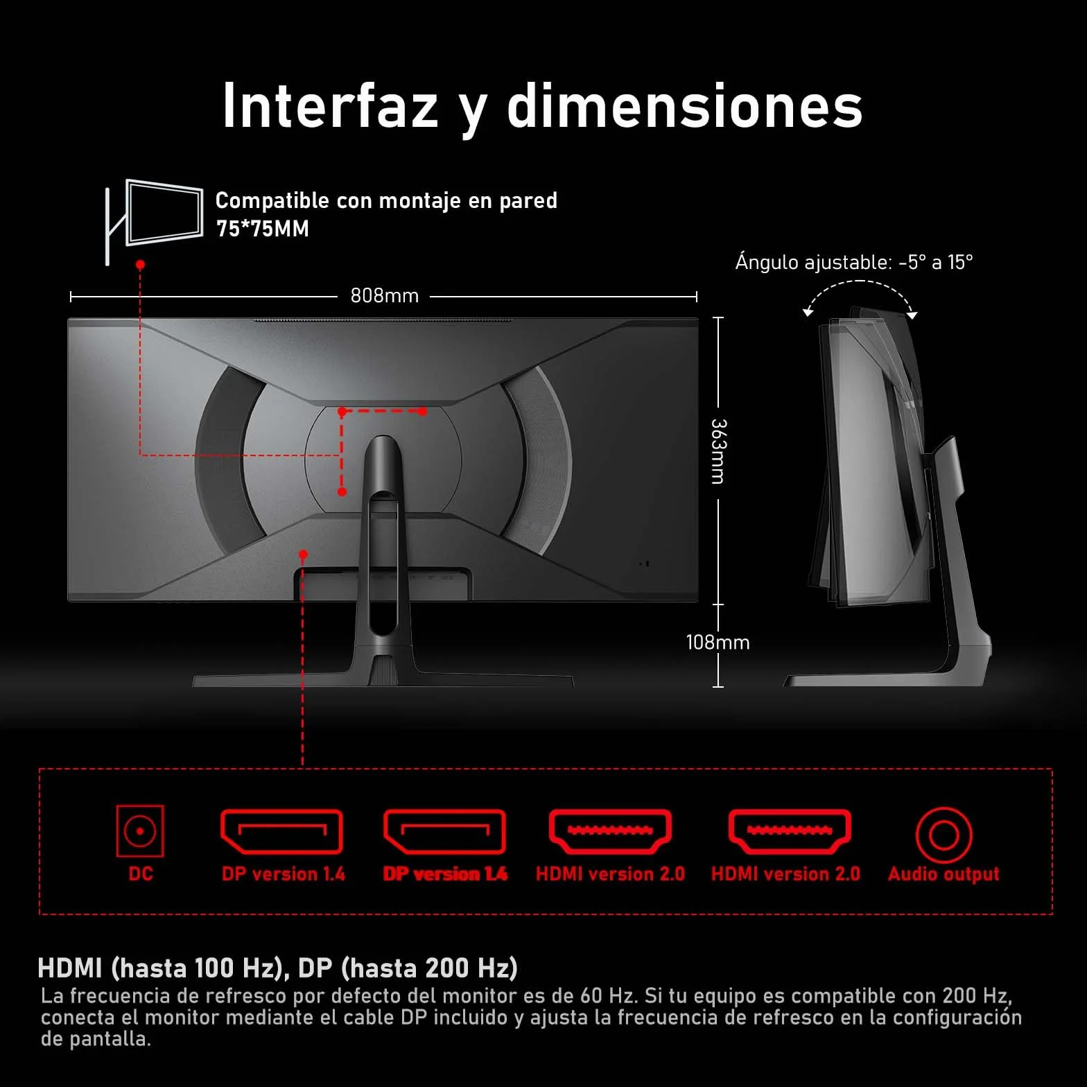 Gawfolk Monitor Curvo Ultrawide 34 Pulgadas 200Hz UWQHD 3440x1440 1500R 120% sRGB Adaptive Sync Altavoces Integrados HDMI DisplayPort Montaje en Pared Negro