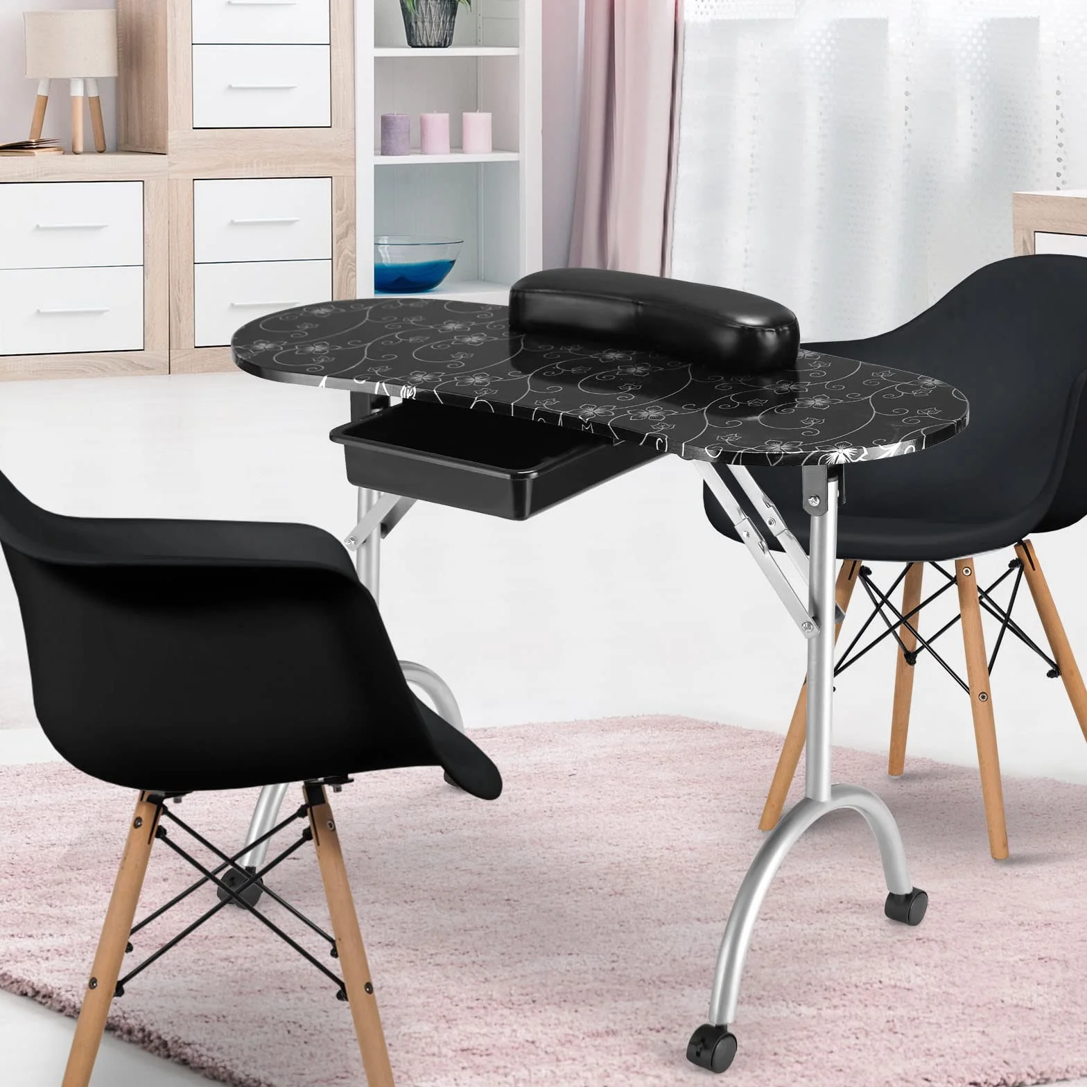 COSTWAY Mesa de Manicura con Ruedas Plegable Portátil con Caja de Almacenamiento y Almohada para la Muñeca para Uña Decoración