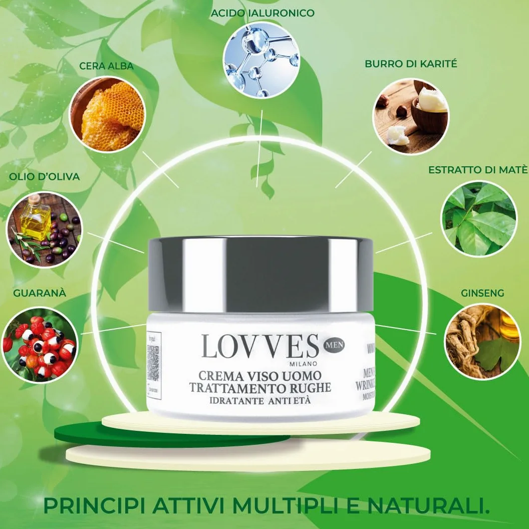 LOVVES Crema Facial Antiarrugas Hombre, Alta Cosmética Natural, Hidratante, Acción Antioxidante, Energiza la Piel y Aumenta su Firmeza, Formato Tarro de Cristal 50 ml