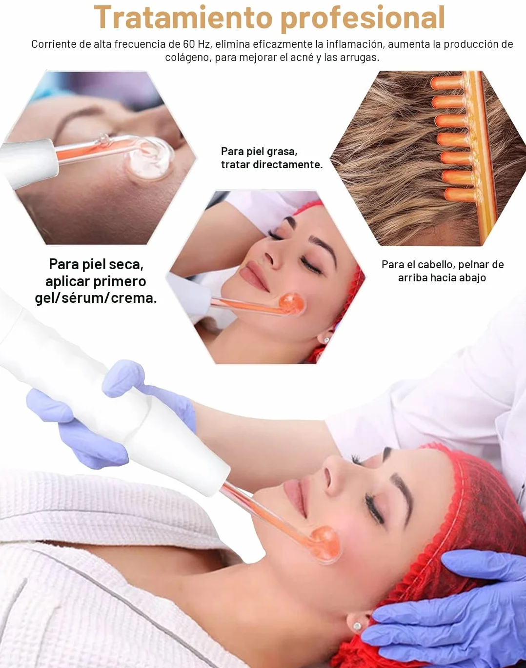 Alta Frecuencia Facial Aparato para Quitar Arrugas, Acné y Alopecia con 5 Electrodos