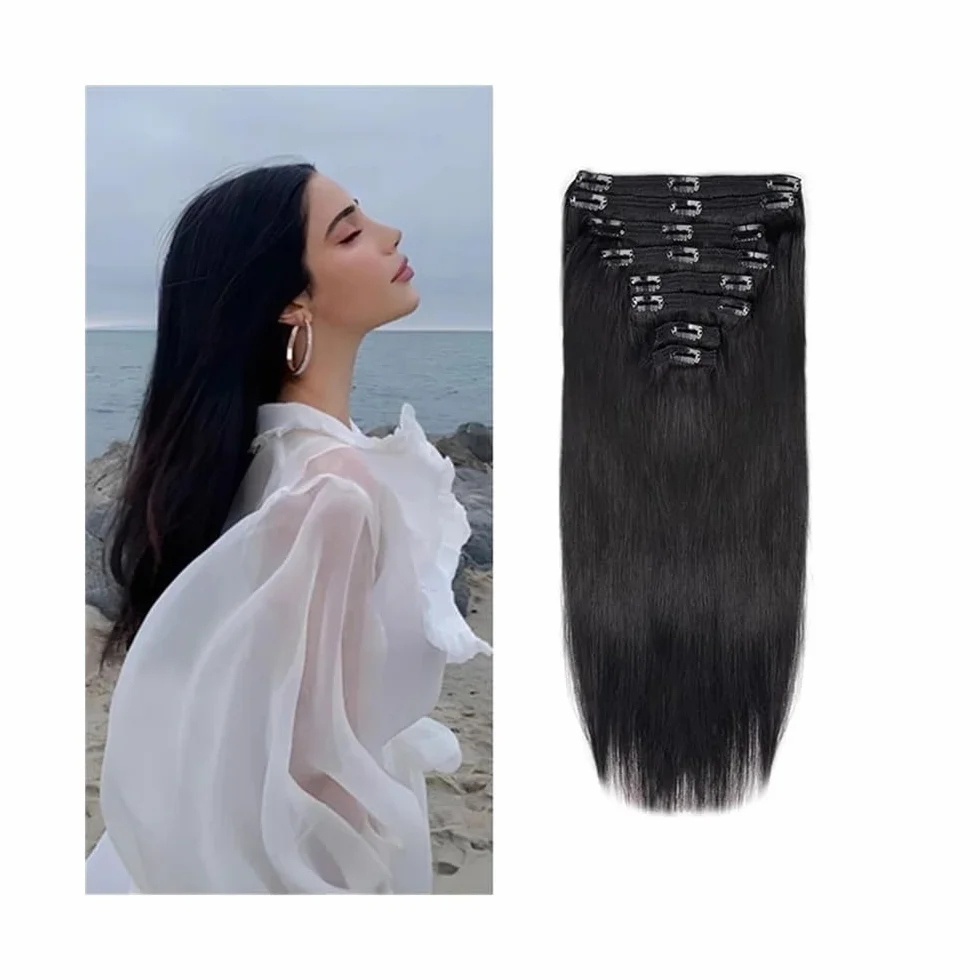 Extensiones de cabello Extensiones de cabello con clip, humano real, extensiones Remy liso, 8 piezas 18 clips Piezas de pelo