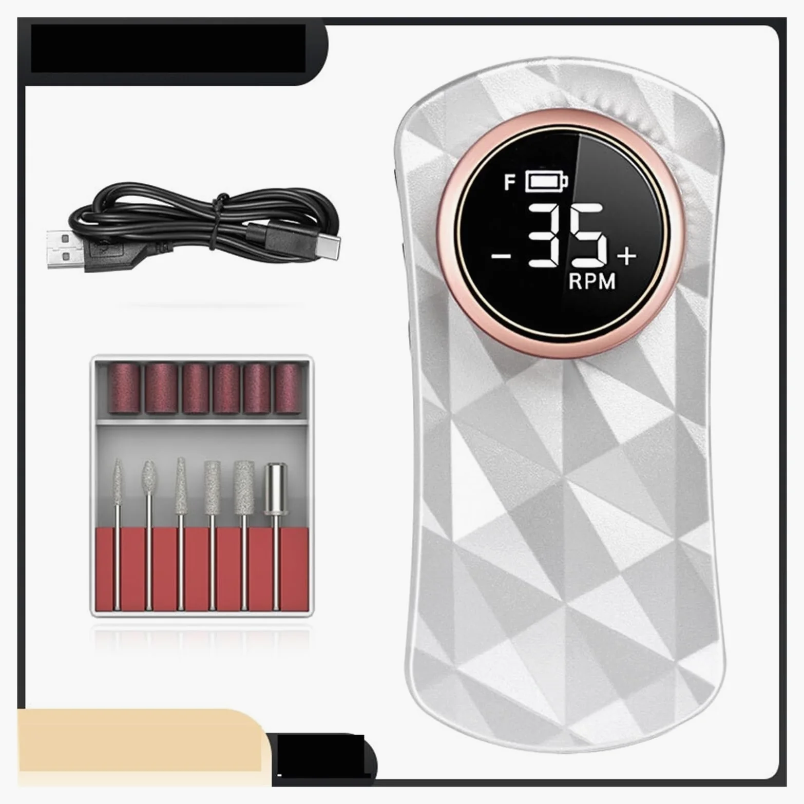Torno para Uñas, Taladro de uñas de 35000RPM, lijadora de uñas eléctrica recargable, cortadora de fresado de máquina de manicura profesional for pulido de Gel(Bianco)