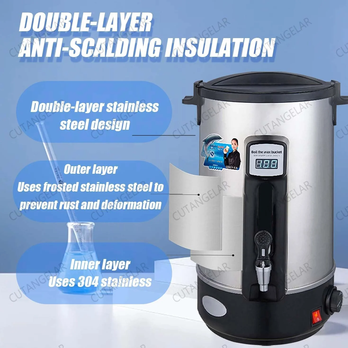 CUTANGELAR Calentador Profesional De Cera De Parafina, 1500 W, Capacidad De 35 L, Control De Temperatura Constante De Nivel Profesional, Antigoteo Boquilla, Ideal Para Fisioterapia(20L)
