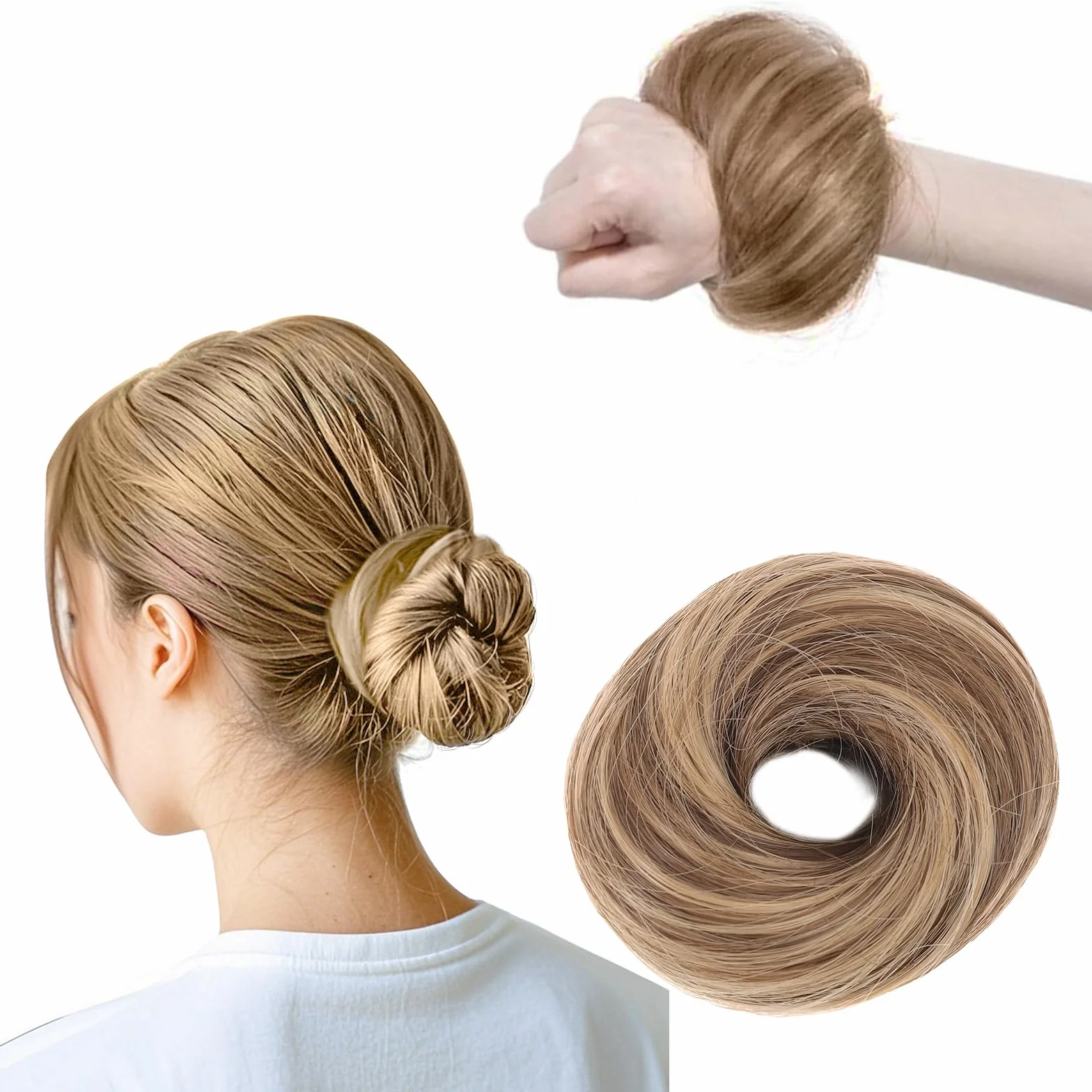 Scrunchies para cabello liso Castaño claro accesorio donut trenzado sintético