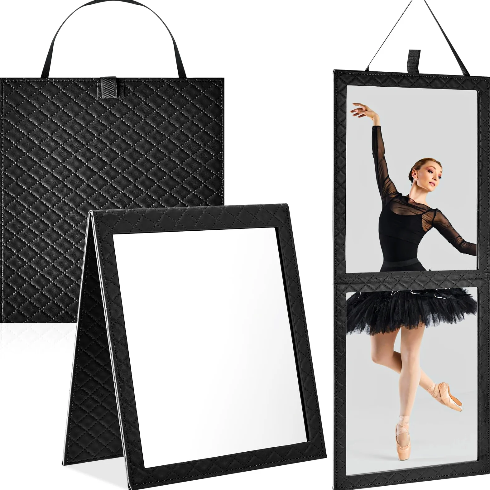 Colingmill Espejo plegable para detrás del escenario con asa, 24.61 x 11.22 pulgadas, espejo plegable de cuero, espejo rectangular para colgar para viajes, bolsa de baile, hogar, fitness, spa, regalo