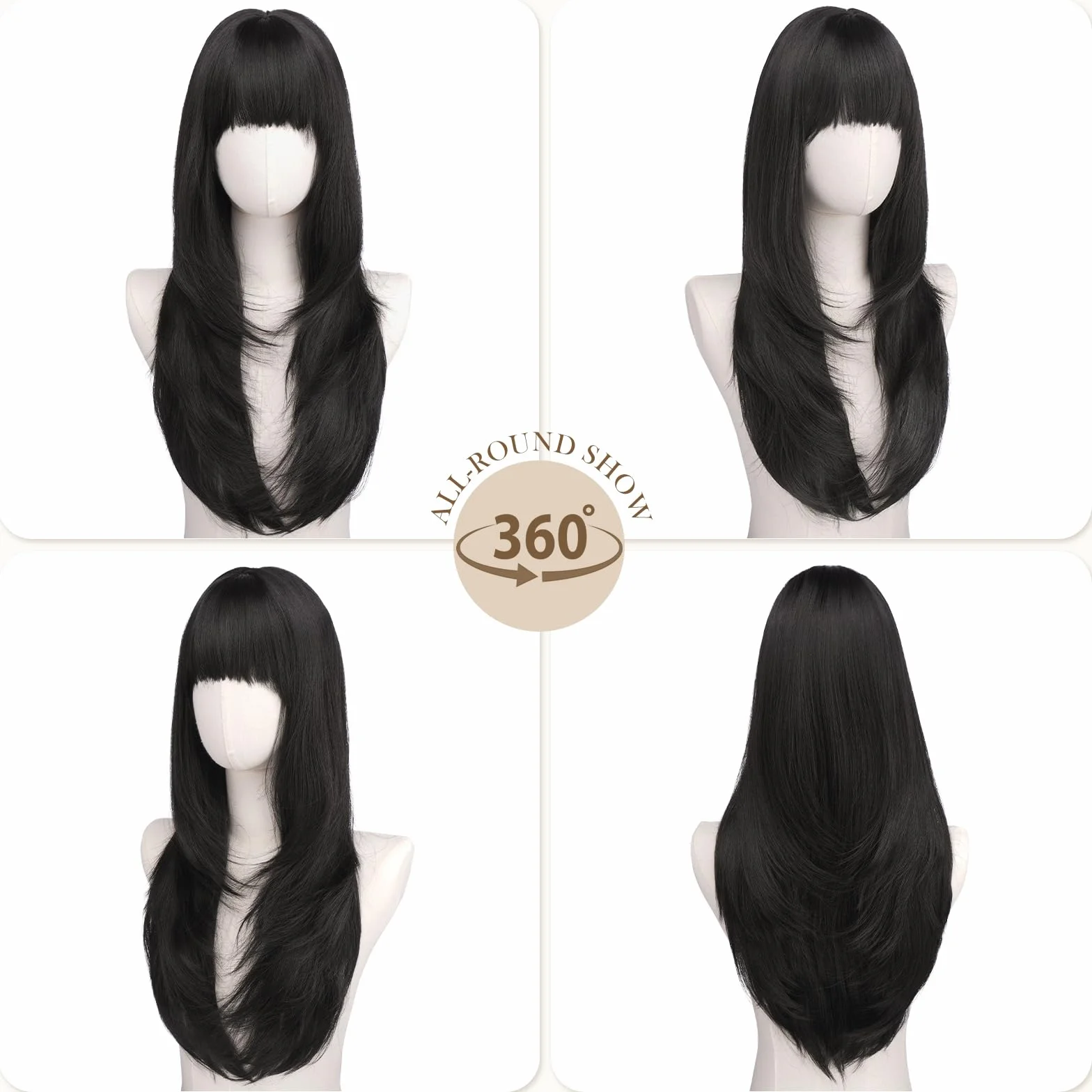 FESHFEN Peluca Liso con Flequillo Natural Larga Sintética 60 cm Negra